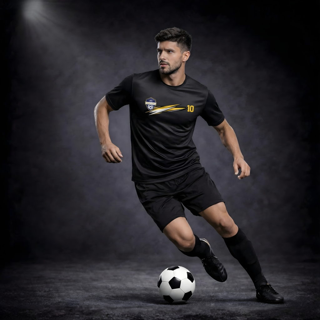 Männliches Model in schwarzem Fußball-Outfit mit CERTANU-Logo und goldenen Designelementen in dynamischer Laufbewegung, kontrolliert einen Fußball, vor dunklem Studio-Hintergrund mit Spotlight