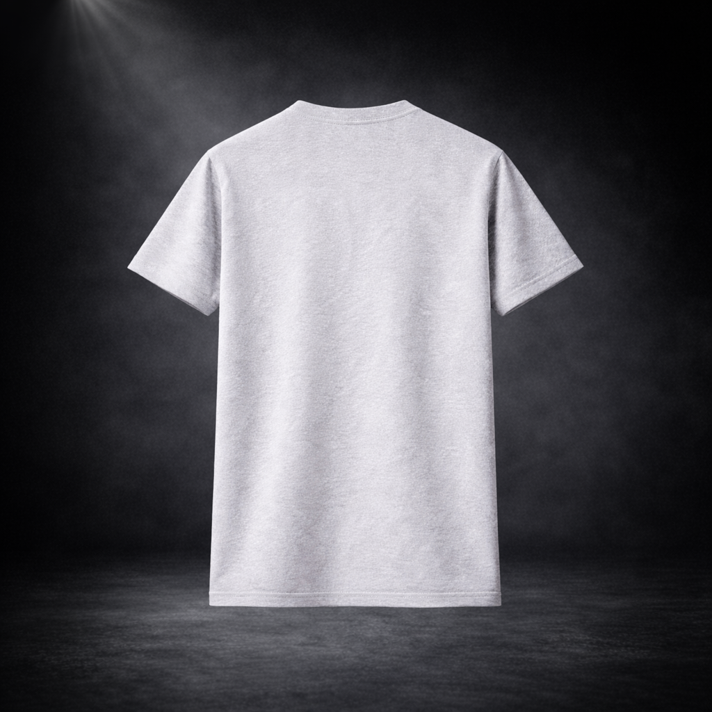 Graue Rückseite eines CERTANU Premium T-Shirts im Studio-Mockup. Cleanes Fußball Streetwear Shirt ohne Rückendruck, minimalistische Rückansicht für Herren, hochwertige Fanwear, moderne Fußballmode und sportlicher Lifestyle-Look.