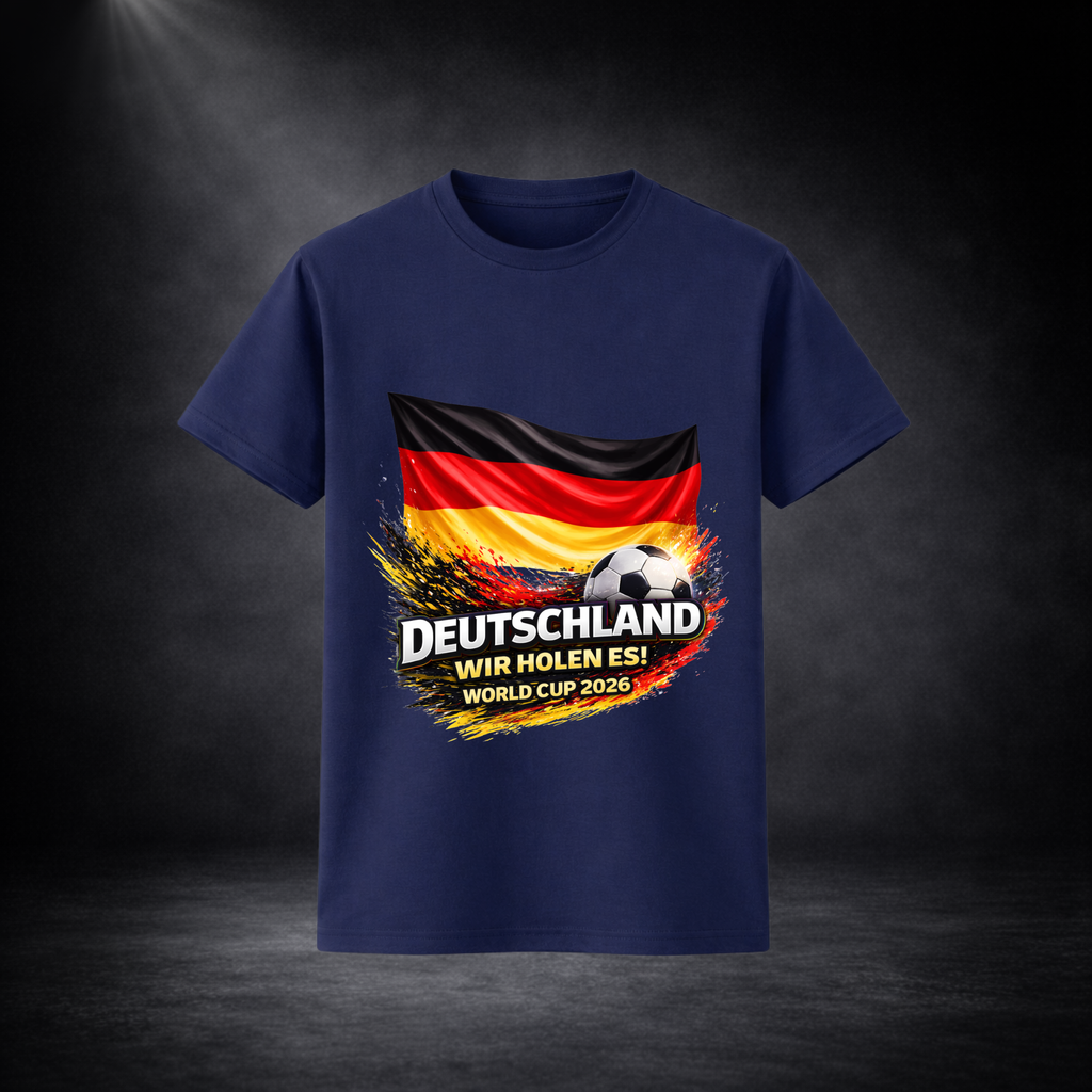 Blaues Deutschland Fußball Fan T-Shirt mit WM 2026 Design, deutsche Flagge mit Ball und Aufdruck „Deutschland Wir holen es“, Herren Shirt Frontansicht auf dunklem Hintergrund, hochwertiger Fanartikel für Fußballfans