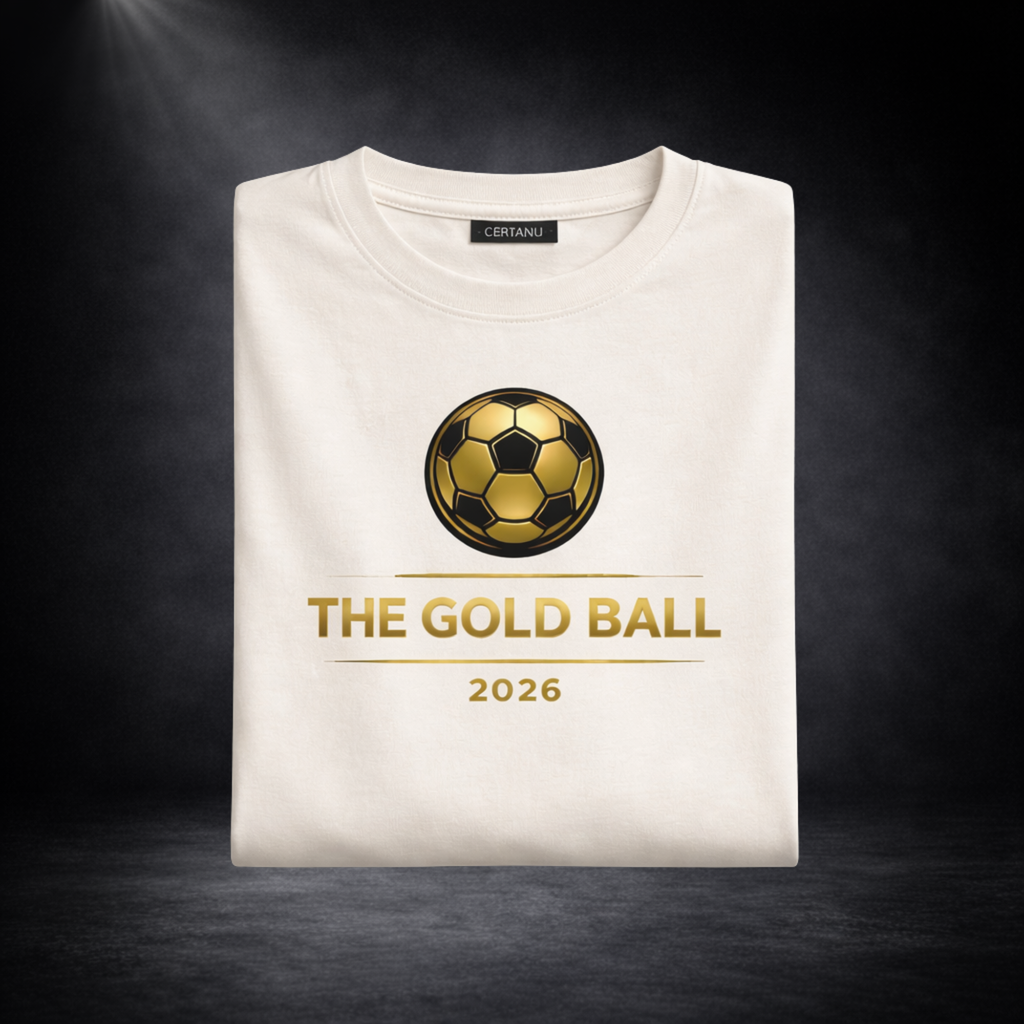 Gefaltetes beiges T-Shirt mit goldenem Fußball-Logo und dem Schriftzug „THE GOLD BALL 2026“, sichtbares CERTANU-Label am Kragen, vor dunklem Studio-Hintergrund mit Spotlight-Effekt