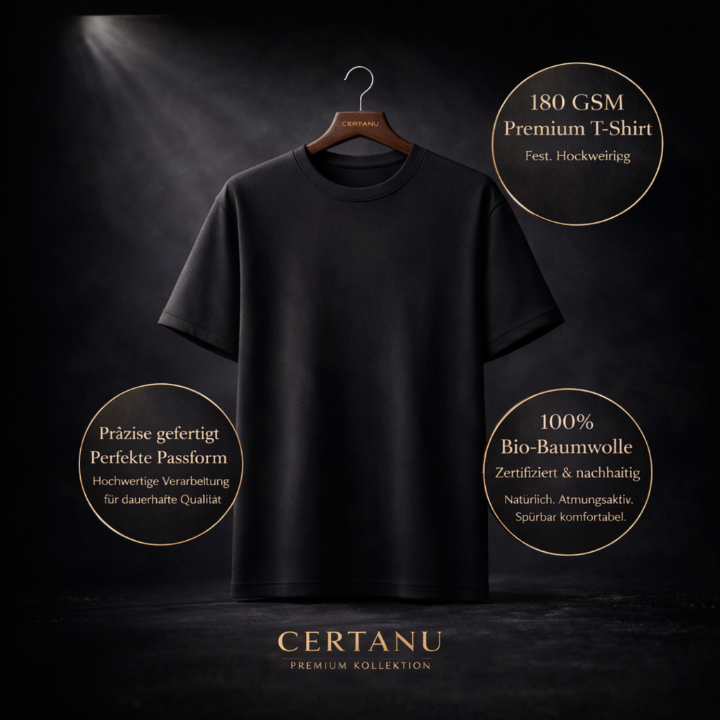 Schwarzes Premium-T-Shirt auf Holzkleiderbügel, ohne Druck, mit Infotexten zu 180 GSM Stoff, 100 % Bio-Baumwolle und hochwertiger Verarbeitung, präsentiert vor dunklem Studio-Hintergrund