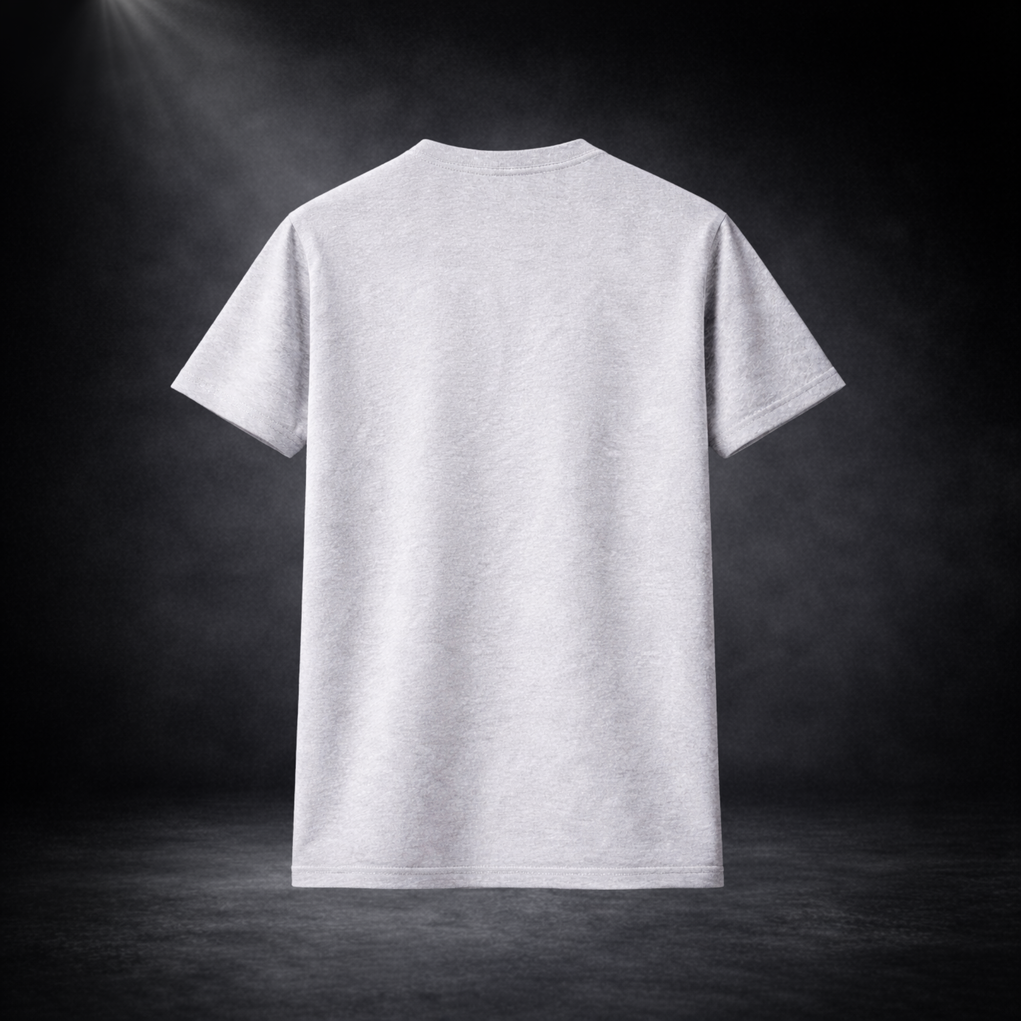 Graues Herren T-Shirt Rückseite ohne Druck, schlichtes Basic Shirt für Fußball Fans, WM 2026 Fanwear, Baumwoll T-Shirt Back View auf dunklem Studio Hintergrund