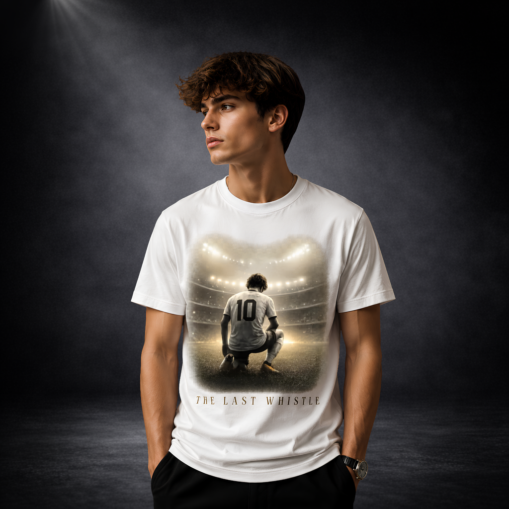 Junger Mann trägt ein weißes Premium T-Shirt mit dem Fußballmotiv „The Last Whistle“. Das Design zeigt einen Fußballspieler mit der Rückennummer 10, der kniend im Stadion unter Flutlicht sitzt und auf das Spielfeld blickt. Emotionales Football-Streetwear-Shirt für Fußballfans mit hochwertigem Print in eleganten Beige-, Weiß- und Grautönen. Modernes Lifestyle-Foto im Studio-Look, inspiriert von Leidenschaft, Abschied, Legenden und Fußballkultur. Ideal für Fans der Fußball-WM 2026 und exklusive Fußballmode.