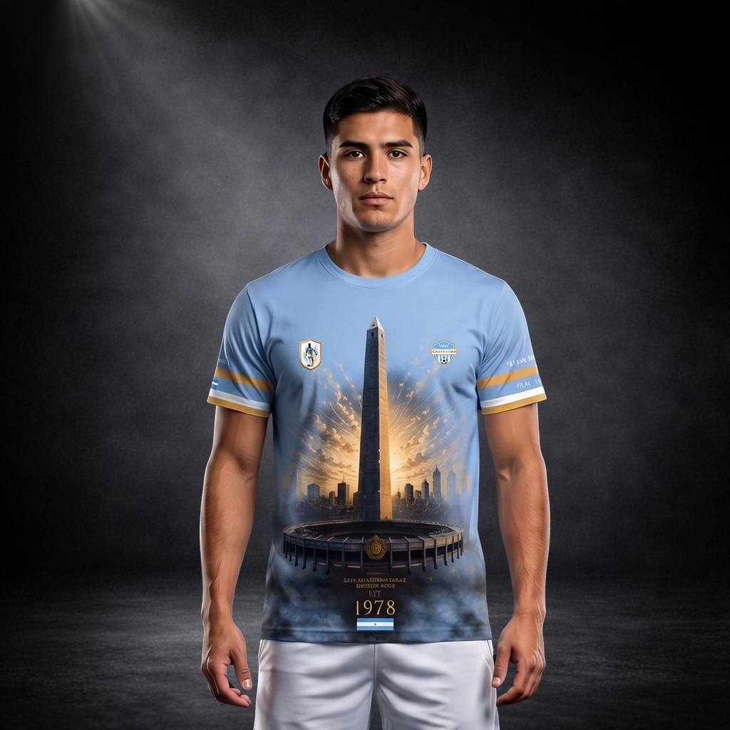 Argentinischer Mann trägt ein hellblaues Fußball-Fanshirt von CERTANU vor dunklem Studiohintergrund. Das Trikot zeigt auf der Vorderseite den berühmten Obelisken von Buenos Aires, das Monumental-Stadion und eine stilisierte Skyline in den Nationalfarben Argentiniens. Goldene Akzente und die Jahreszahl „1978“ erinnern an den ersten Weltmeistertitel des Landes. Die Kombination aus Himmelblau, Weiß und Gold verleiht dem Design einen hochwertigen Premium-Look. Das Sportshirt verbindet Fußballgeschichte, nationa