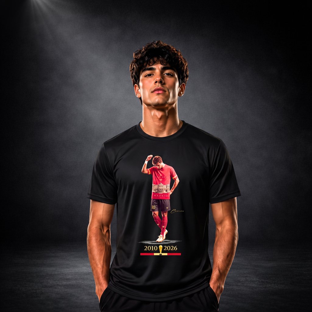 Studioaufnahme eines männlichen Models im schwarzen CERTANU Premium T-Shirt mit exklusivem Spanien-Fußballmotiv. Das Design zeigt einen Fußballspieler im roten Spanien-Trikot mit der Jahreszahl 2010–2026 und goldener Trophäe auf hochwertigem schwarzem Funktionsshirt. Modernes Sportshirt für Fußball, Training und Freizeit mit edlem CERTANU-Design vor dunklem Premium-Hintergrund.