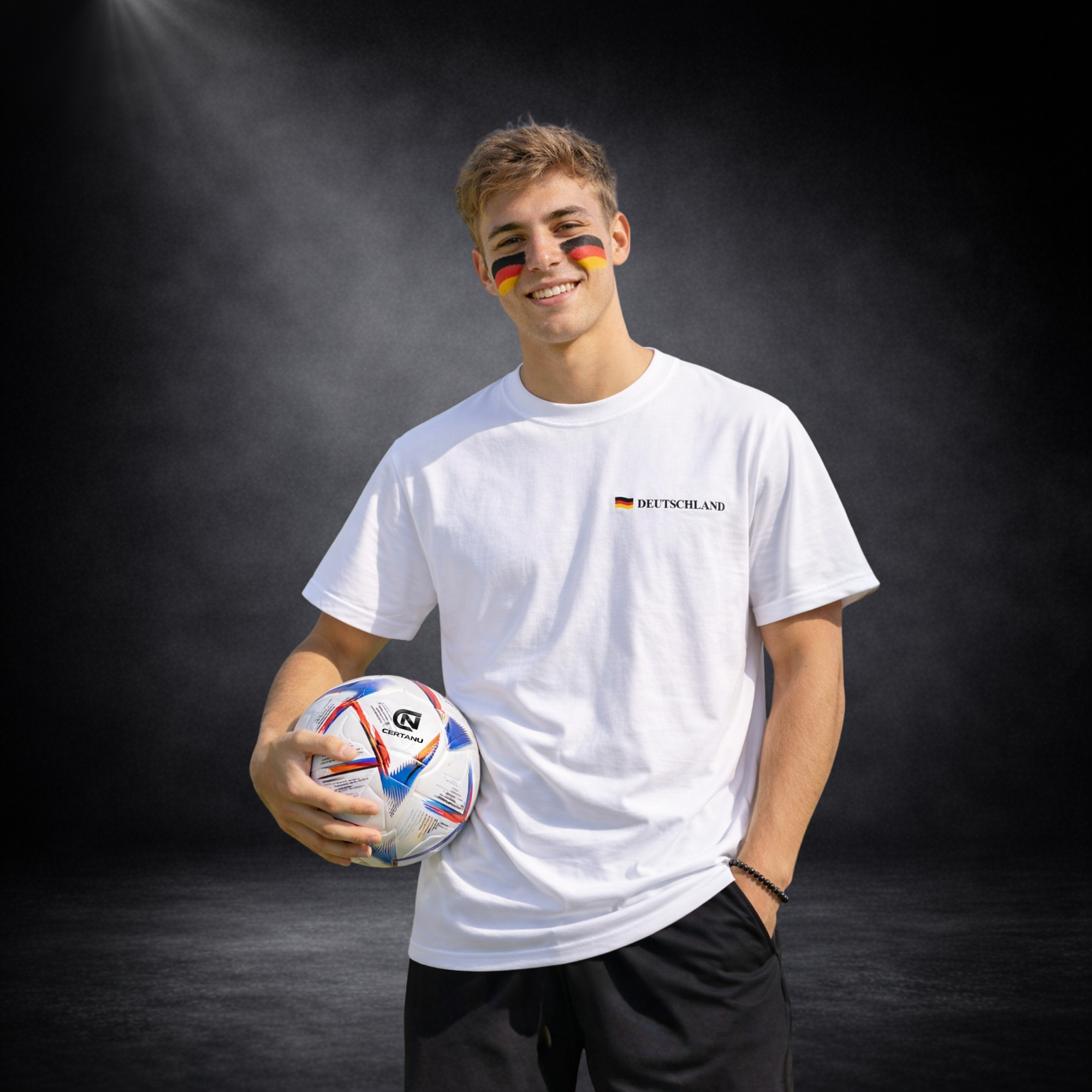 Junger Deutschland Fußball Fan mit weißem T-Shirt und kleinem Deutschland Flaggenlogo, hält Fußball in der Hand, Fan Look für WM 2026, Herren Outfit Frontansicht auf dunklem Studio Hintergrund