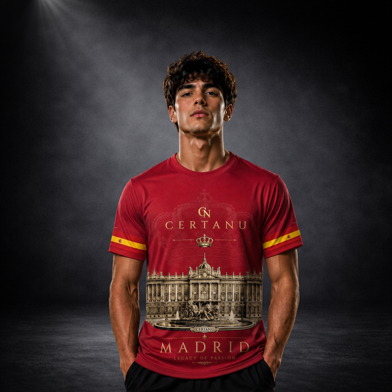 Junger Mann trägt das rote CERTANU Madrid Legacy Premium Fußballshirt mit goldenen Details vor dunklem Studiohintergrund. Das exklusive Design zeigt das CERTANU-Logo, eine goldene Krone sowie den Königspalast von Madrid mit Brunnen und der Aufschrift „MADRID – Legacy of Passion“. Die Ärmel sind mit den Farben der spanischen Flagge verziert. Hochwertiges Funktionsshirt aus recyceltem Polyester für Fußball, Training, Freizeit, Stadionbesuche und Spanien-Fans.