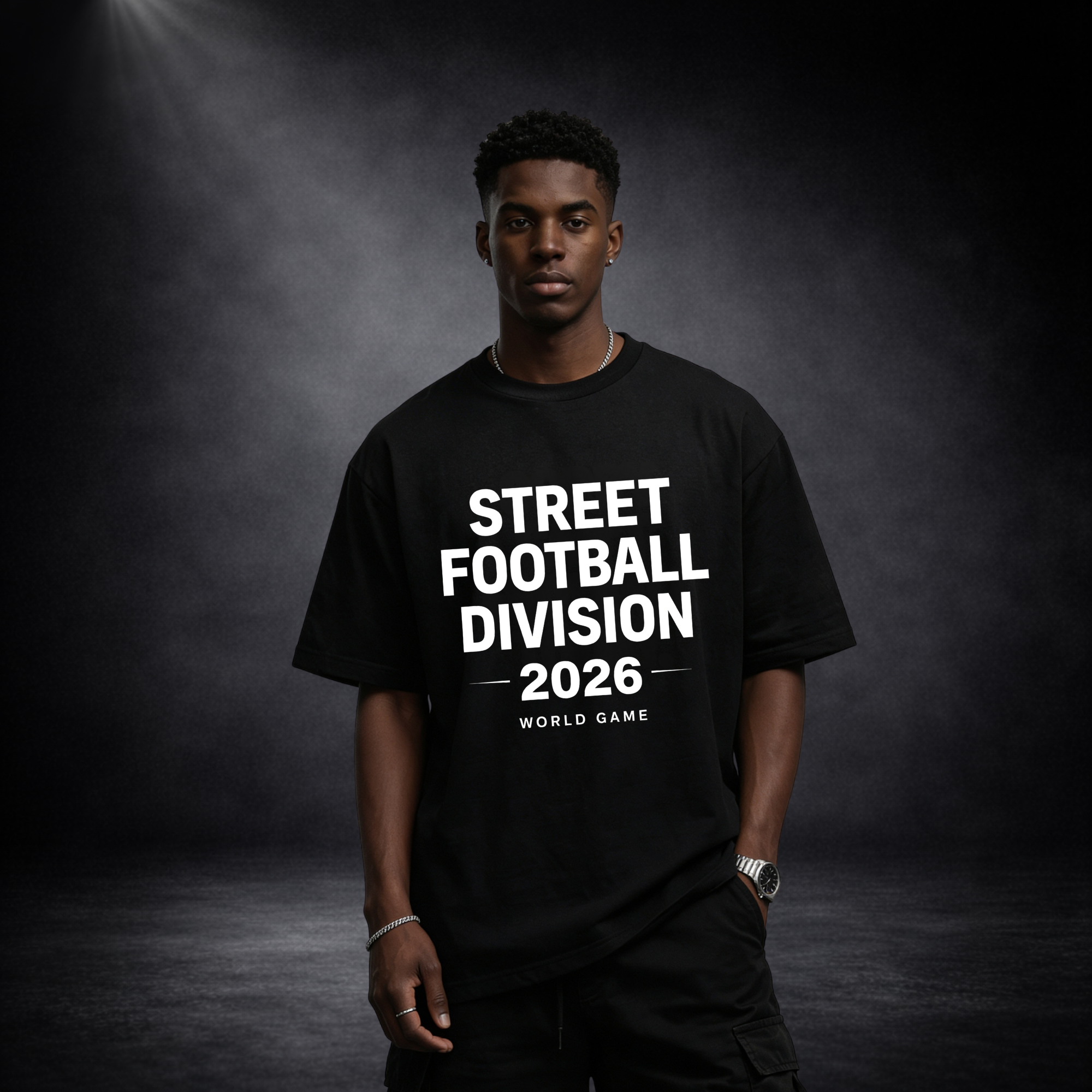 Männliches Model trägt ein schwarzes Oversized T-Shirt mit großem weißen Schriftzug „STREET FOOTBALL DIVISION 2026 – WORLD GAME“, inszeniert vor dunklem Studio-Hintergrund mit weichem Lichtspot
