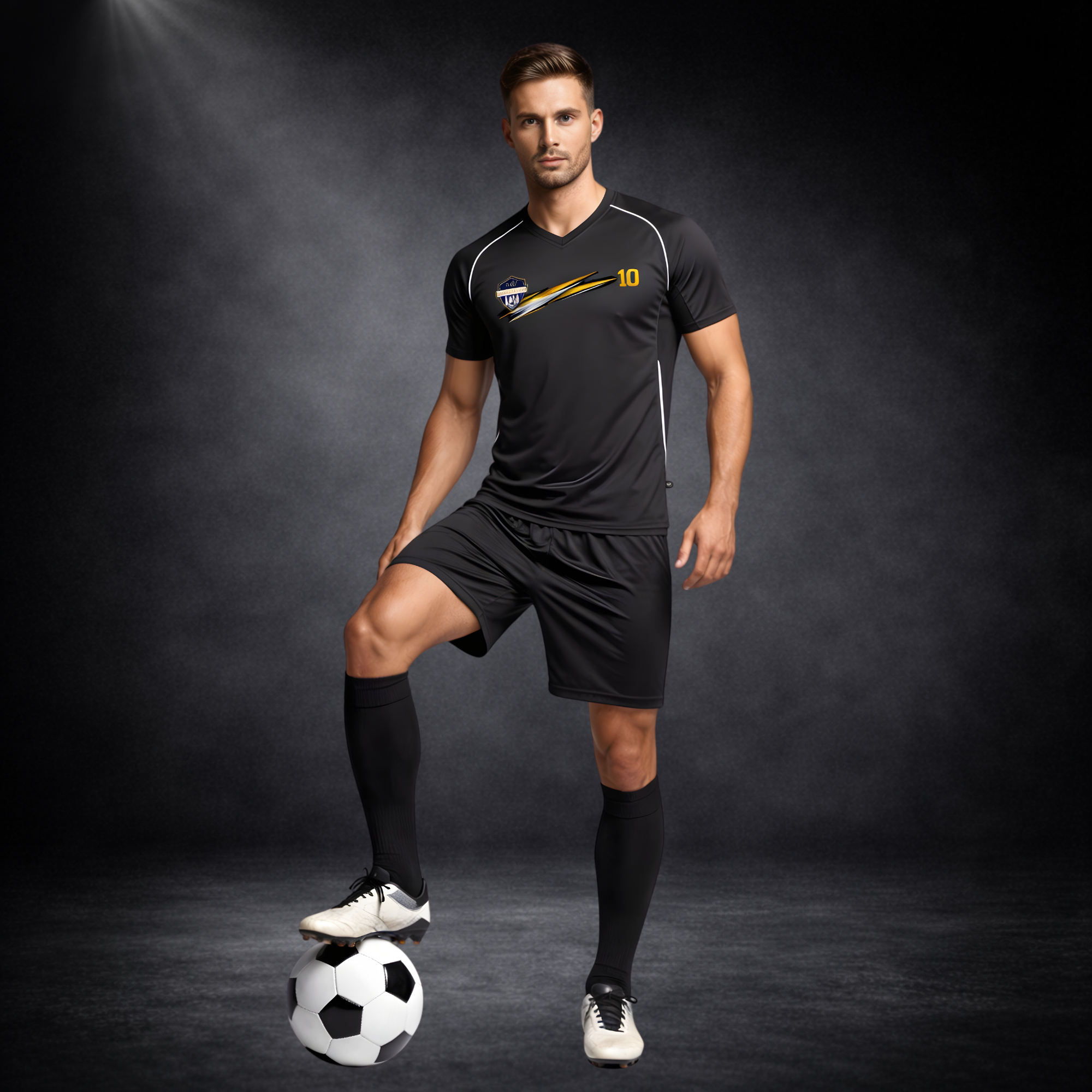 Mann im schwarzen Fußball-Outfit steht mit einem Fuß auf einem Ball, trägt ein sportliches Trikot mit goldenen Details und Nummer 10, vor dunklem Studio-Hintergrund