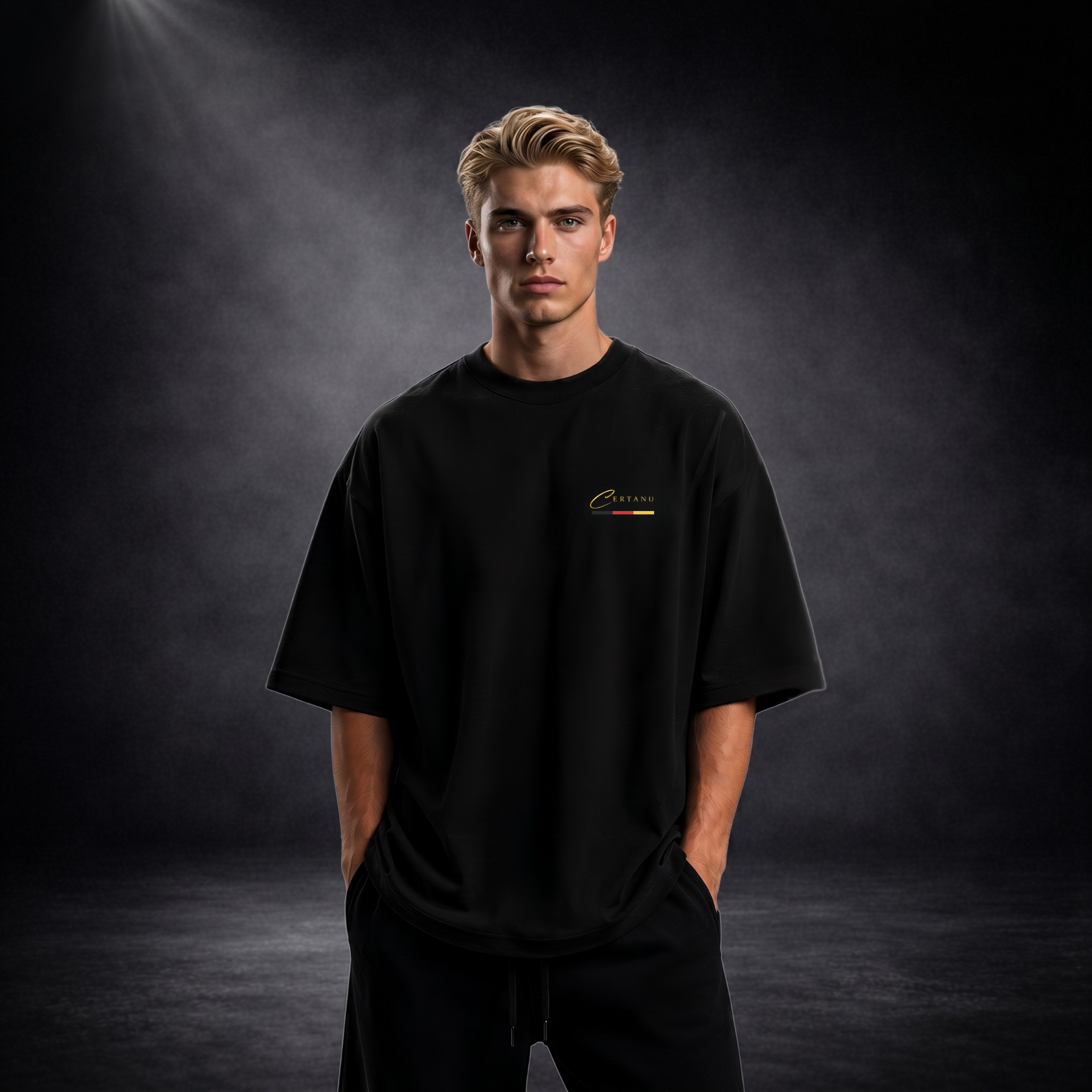 Blonder junger Mann trägt ein schwarzes Oversized T-Shirt von CERTANU in einer professionellen Studioaufnahme mit dunklem Premium-Hintergrund und weicher Spotlight-Beleuchtung. Das minimalistische Design zeigt ein kleines goldfarbenes CERTANU-Logo auf der linken Brust mit dezenten Akzenten in Schwarz, Rot und Gold. Das locker geschnittene Shirt vermittelt einen modernen Streetwear- und Fashion-Look. Der Fokus liegt auf der hochwertigen Passform, dem eleganten Oversized-Schnitt und dem schlichten Premium-Des