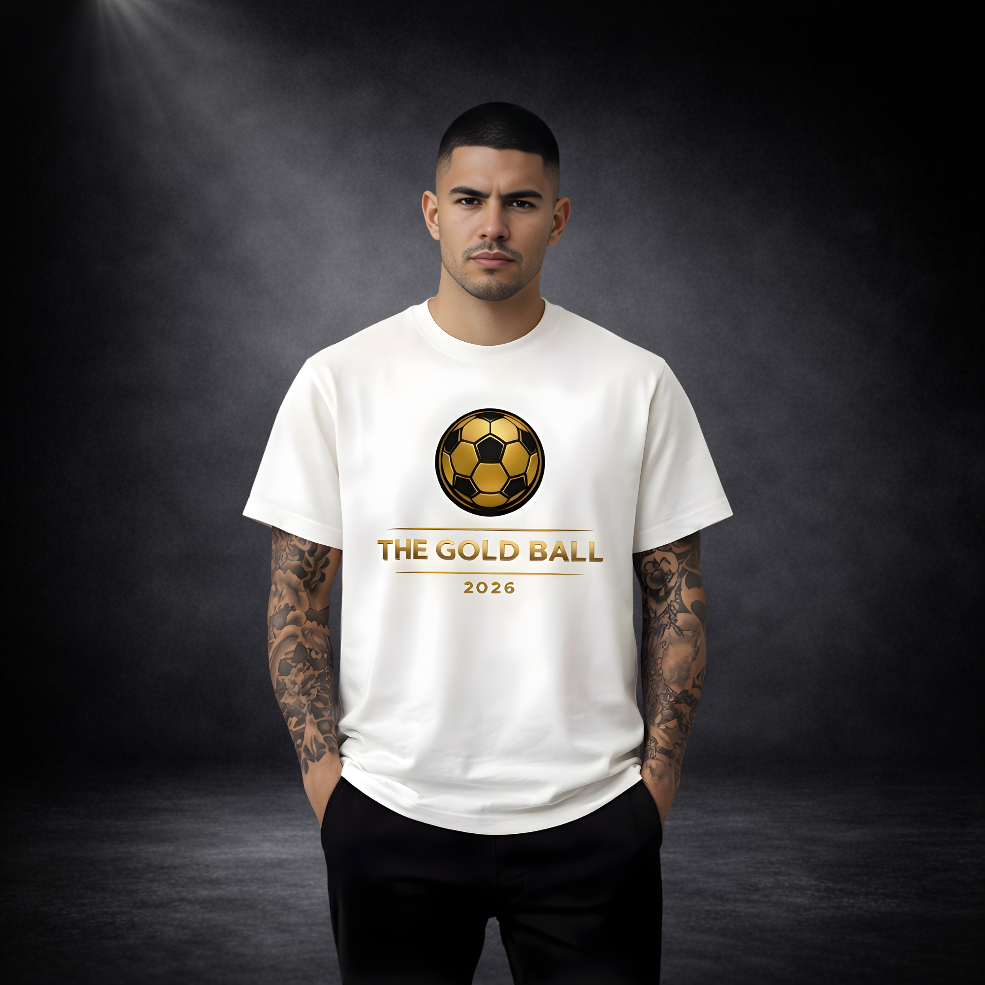 Junger Mann mit Tattoos an beiden Armen trägt ein weißes T-Shirt mit goldenem Fußball-Logo und Schriftzug „THE GOLD BALL 2026“, steht frontal vor dunklem Studio-Hintergrund mit Spotlight von oben links