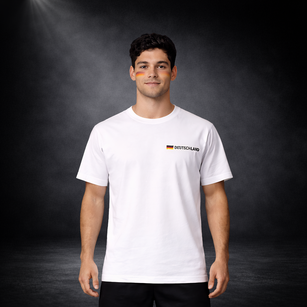 Frontansicht eines Deutschland Fußball Fans mit weißem T-Shirt und kleinem „Deutschland“-Schriftzug sowie Flagge auf der Brust, dezentes Fan-Makeup in Schwarz-Rot-Gold, WM 2026 Look auf dunklem Studio Hintergrund