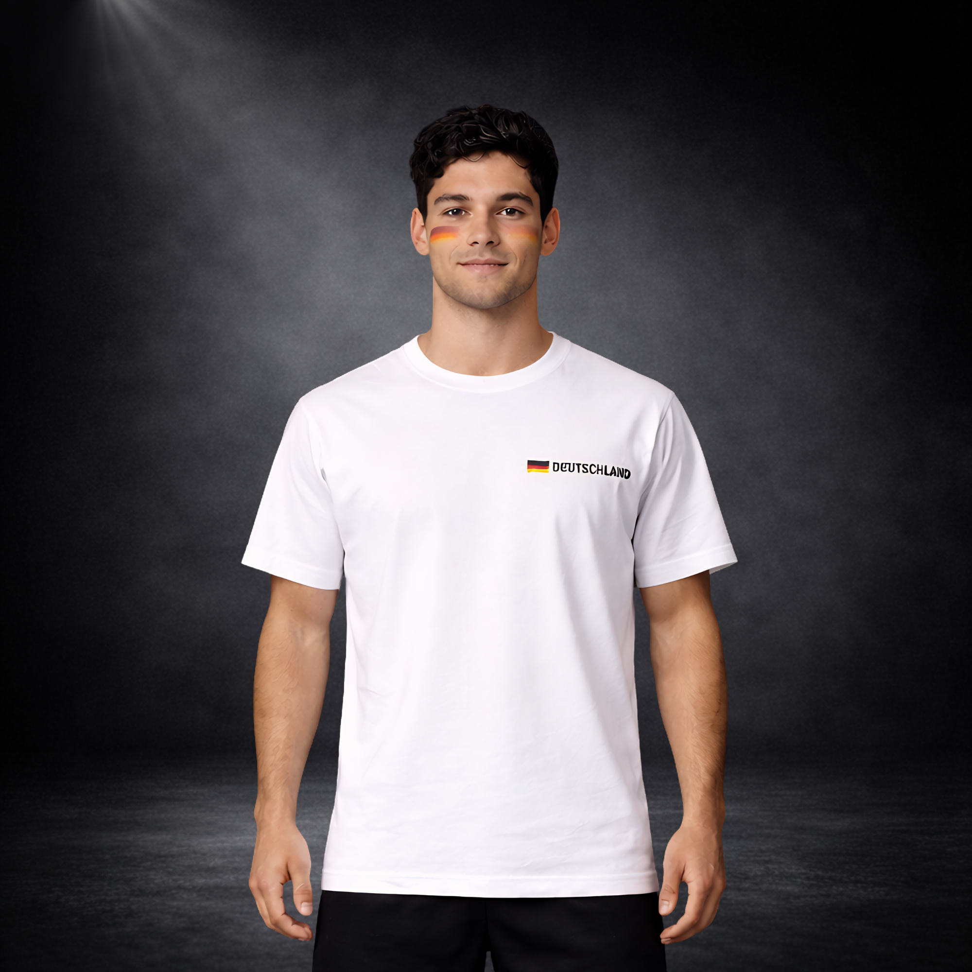 Frontansicht eines Deutschland Fußball Fans mit weißem T-Shirt und kleinem „Deutschland“-Schriftzug sowie Flagge auf der Brust, dezentes Fan-Makeup in Schwarz-Rot-Gold, WM 2026 Look auf dunklem Studio Hintergrund