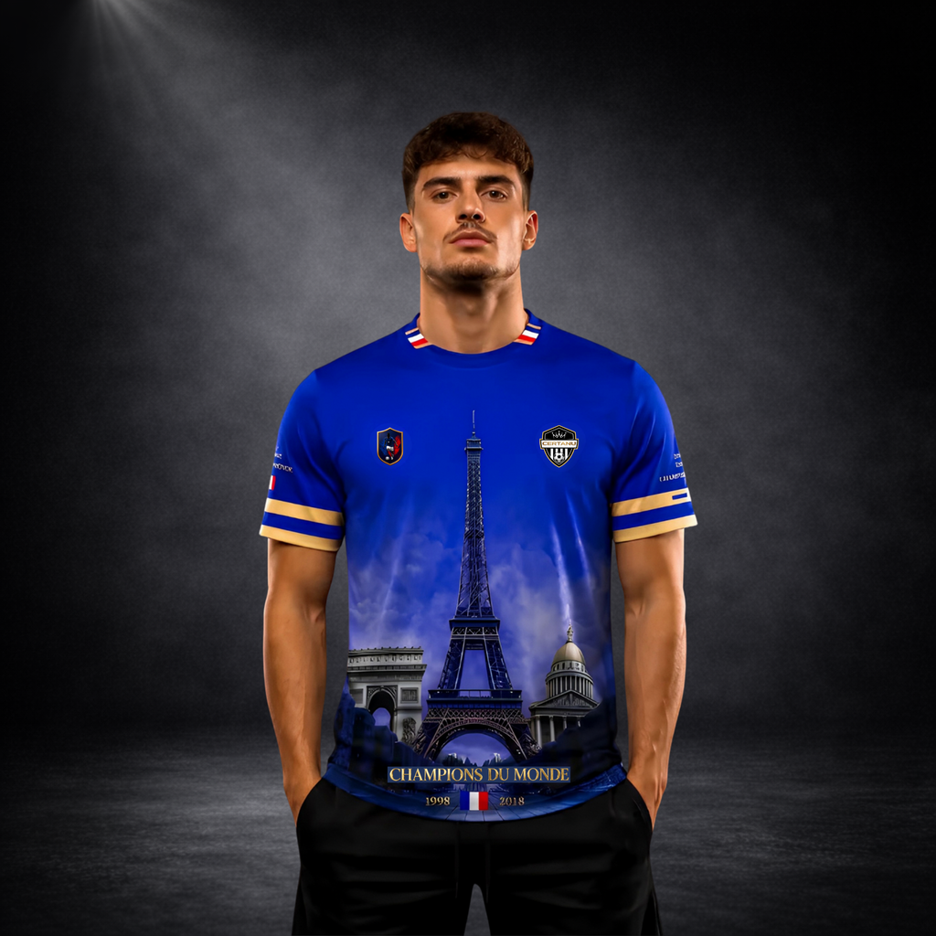 Junger Mann trägt ein blaues CERTANU Frankreich Fan-Shirt vor dunklem Studiohintergrund. Das exklusive Fußball-Design zeigt den Eiffelturm im Zentrum sowie den Arc de Triomphe und das Panthéon als ikonische Wahrzeichen Frankreichs. Auf der Vorderseite befinden sich goldene Akzente, das CERTANU-Wappen und die Aufschrift „Champions du Monde“ mit den Weltmeisterjahren 1998 und 2018. Hochwertiges Lifestyle-Foto für Shopify, Google Shopping und E-Commerce. Premium Frankreich Fan-Shirt für Fußballfans, Nationalma