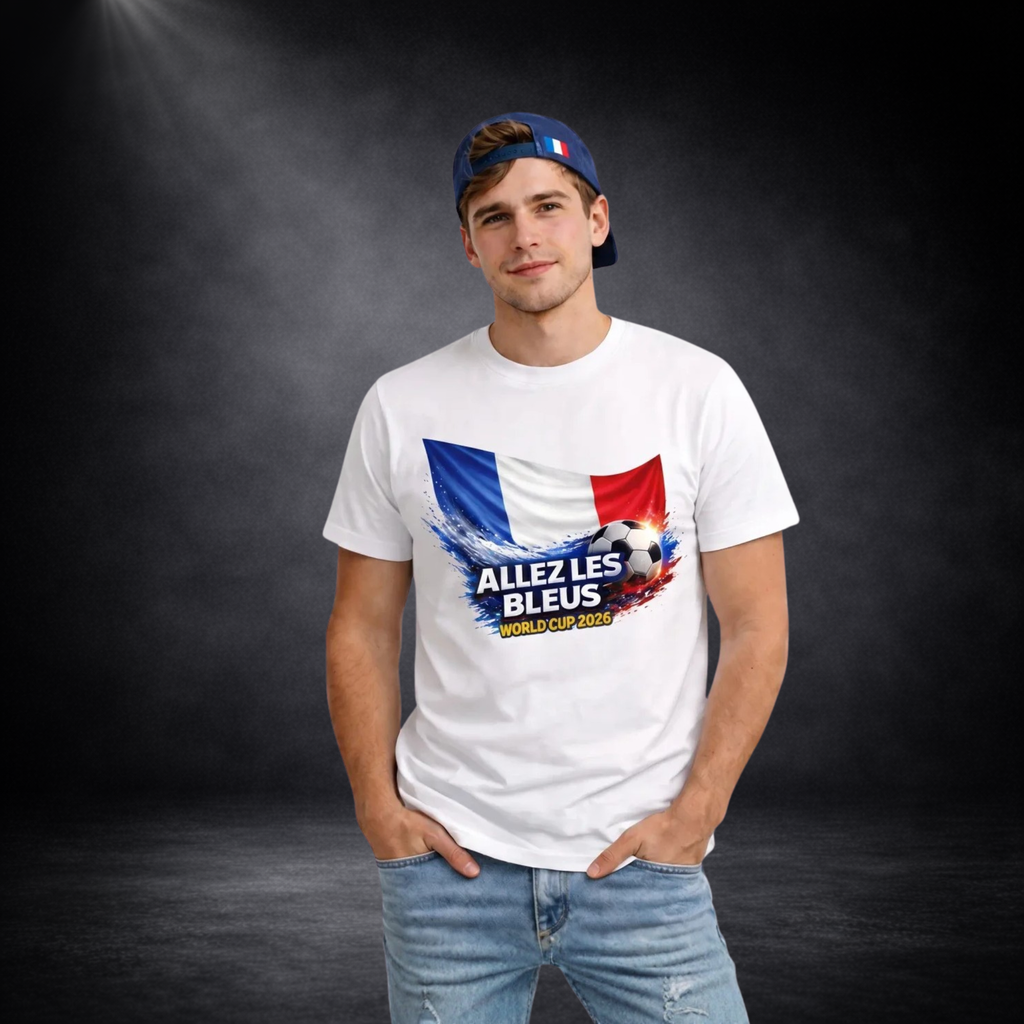 Junger Mann trägt ein weißes T-Shirt mit Frankreich-Flaggen-Design und Fußballmotiv sowie dem Schriftzug „ALLEZ LES BLEUS – WORLD CUP 2026“, kombiniert mit Jeans und rückwärts getragener Cap, vor dunklem Studio-Hintergrund