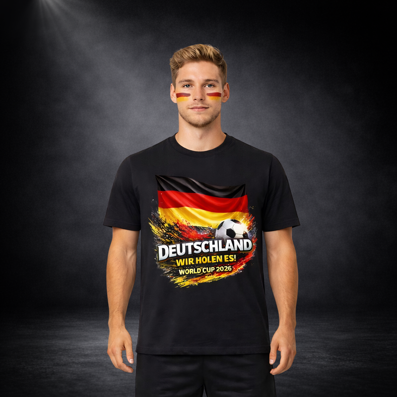 Junger Mann mit Deutschland Fan T-Shirt schwarz, Fußball WM 2026 Design mit deutscher Flagge und Ball, Aufdruck „Deutschland Wir holen es“, Fanartikel Herren Shirt Frontansicht für Online Shop