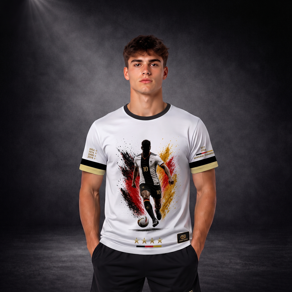 Frontansicht eines jungen männlichen Models im weißen CERTANU Deutschland Premium Fußballshirt vor dunklem Studiohintergrund. Das exklusive Design zeigt einen dynamischen Fußballspieler mit der Rückennummer 10 vor einem markanten Farbverlauf in Schwarz, Rot und Gold – den Farben der deutschen Flagge. Goldene vier Sterne und dezente Deutschland-Akzente unterstreichen die vier Weltmeistertitel. Die Ärmel tragen historische Jahreszahlen der Weltmeisterschaften sowie hochwertige gold-schwarze Details. Modernes 