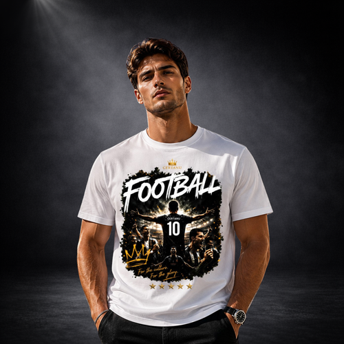 Junger Mann trägt ein weißes CERTANU Football T-Shirt vor dunklem Studiohintergrund mit dramatischer Beleuchtung. Das Frontdesign zeigt einen Fußballspieler mit der Rückennummer 10 im Stadion, umgeben von jubelnden Fans und einem modernen Football-Artwork in Schwarz, Weiß und Gold. Der große Schriftzug „FOOTBALL“ dominiert das Design, ergänzt durch eine goldene Krone, fünf Sterne und den Slogan „For the culture. For the glory.“ Die hochwertige Produktaufnahme hebt Passform, Druckqualität und die Premium-Opt