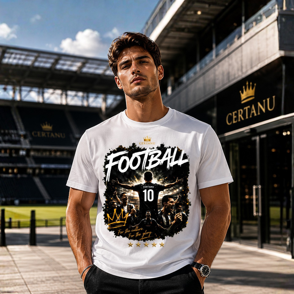 Junger Mann trägt weißes CERTANU Football T-Shirt mit großem Fußball-Print vor modernem Stadion. Premium Fußball Streetwear Design mit Spielern, Stadionlichtern und goldenen Akzenten. Lifestyle-Foto für Fußballfans und WM-inspirierte Mode.