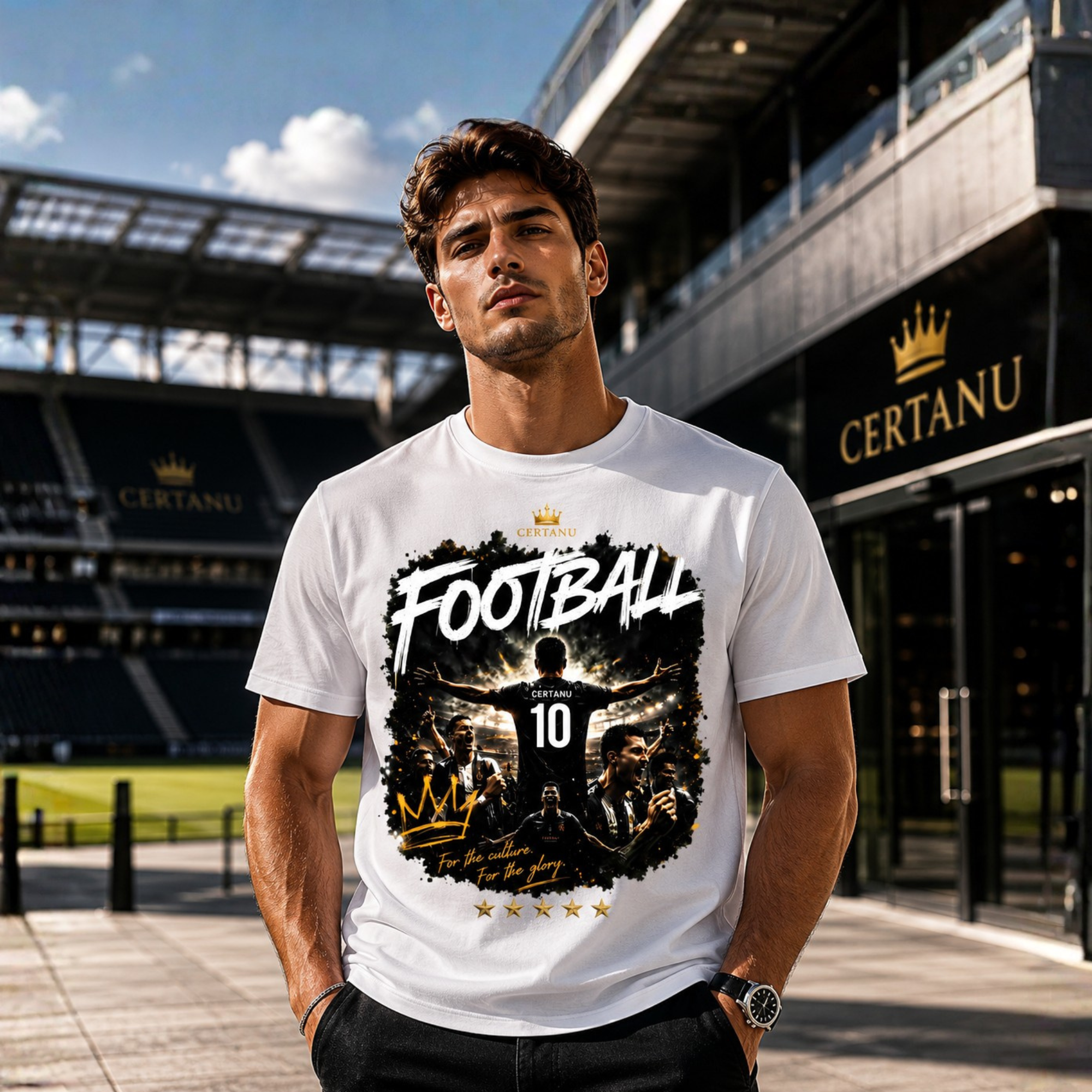 Junger Mann trägt weißes CERTANU Football T-Shirt mit großem Fußball-Print vor modernem Stadion. Premium Fußball Streetwear Design mit Spielern, Stadionlichtern und goldenen Akzenten. Lifestyle-Foto für Fußballfans und WM-inspirierte Mode.