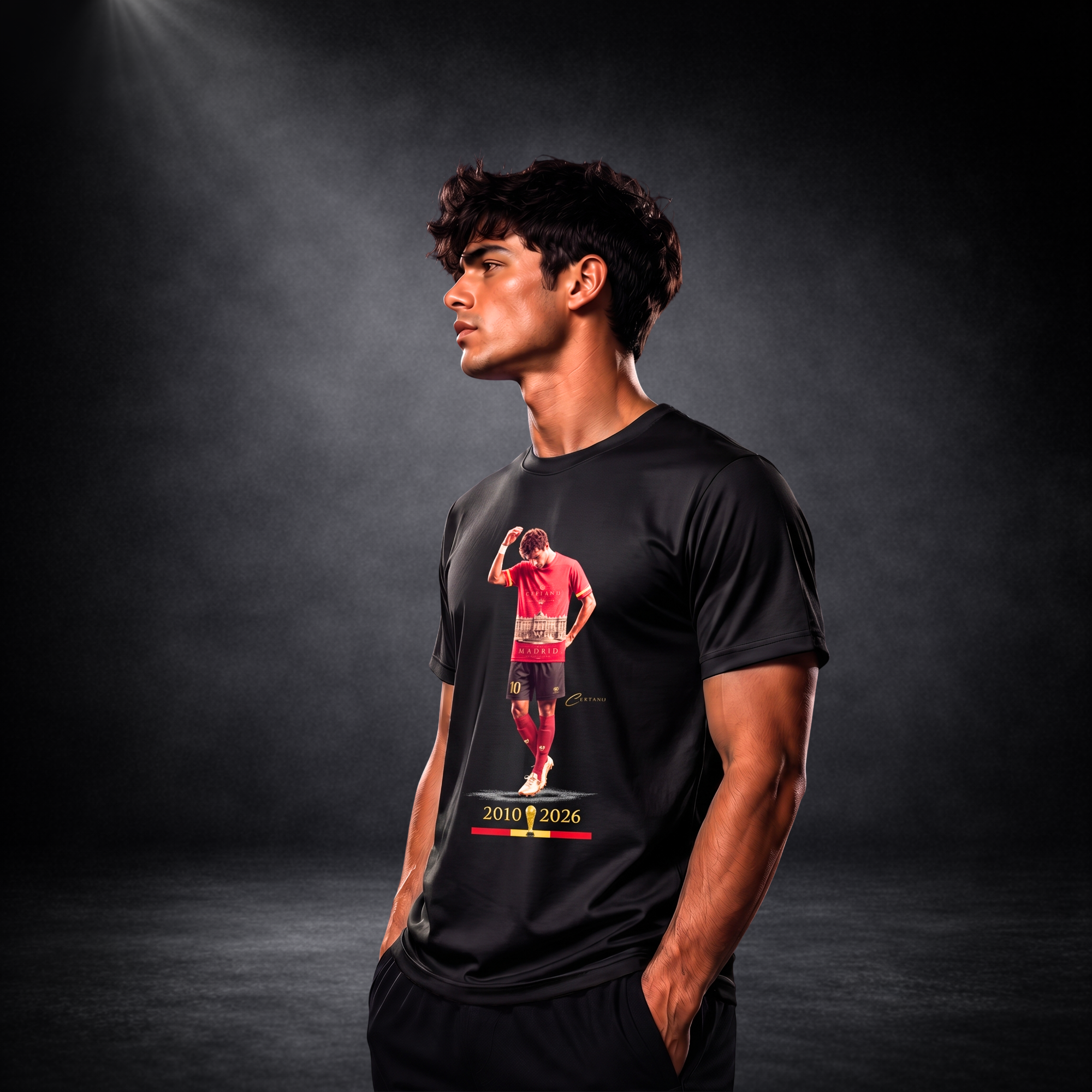 Seitenansicht eines jungen männlichen Models im schwarzen CERTANU Premium Fußball-T-Shirt vor dunklem Studiohintergrund. Das Shirt zeigt einen Fußballspieler im roten Spanien-Trikot mit goldener Trophäe, den Jahreszahlen 2010–2026 und dezenten Spanien-Farben auf der Brust. Moderner, sportlicher Look mit hochwertiger Passform – ideal für Fußballfans, Freizeit, Stadionbesuche und Training.