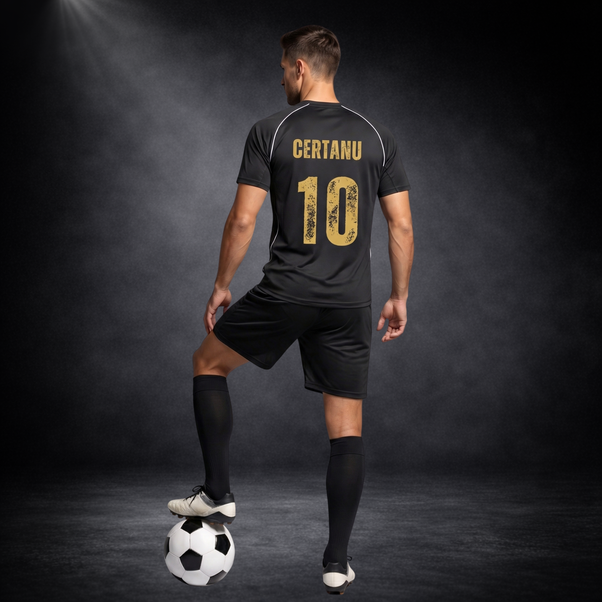 Rückansicht eines Fußballspielers im schwarzen Trikot mit goldener Aufschrift „CERTANU“ und Nummer 10, steht mit einem Fuß auf einem Ball, vor dunklem Studio-Hintergrund