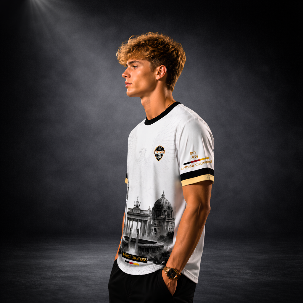 Junger blonder Mann präsentiert das weiße CERTANU Premium Fußballshirt in einer Seitenansicht vor dunklem Studiohintergrund. Das exklusive Deutschland-Design kombiniert einen dezenten Adler mit Berliner Wahrzeichen wie Fernsehturm, Brandenburger Tor, Berliner Dom und Olympiastadion. Gold-schwarze Ärmelabschlüsse, CERTANU-Wappen, die Weltmeisterjahre 1954, 1974, 1990 und 2014 sowie der Schriftzug „4x World Champions“ unterstreichen den hochwertigen Premium-Look. Ideal für Deutschland-Fans, Fußballliebhaber u