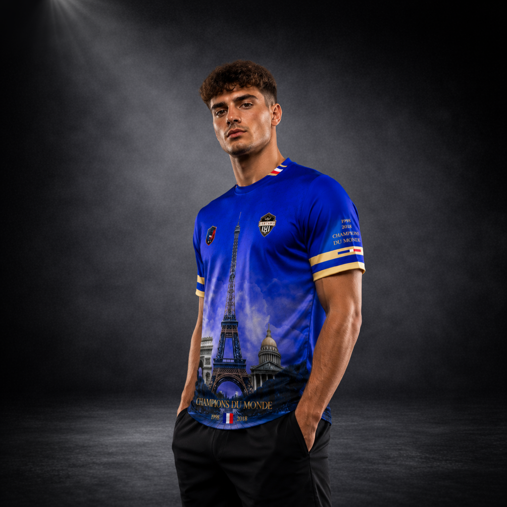 Junger Mann trägt ein blaues CERTANU Frankreich Fan-Shirt in einer seitlichen Lifestyle-Pose vor dunklem Studiohintergrund. Das hochwertige Fußball-Design zeigt den Eiffelturm als zentrales Motiv sowie den Arc de Triomphe und das Panthéon in Paris. Goldene Ärmelakzente, das CERTANU-Wappen und die Aufschrift „Champions du Monde“ mit den Weltmeisterjahren 1998 und 2018 unterstreichen den französischen Fußballstolz. Professionelles Produktfoto für Shopify, Google Shopping und E-Commerce. Modernes Frankreich Fa