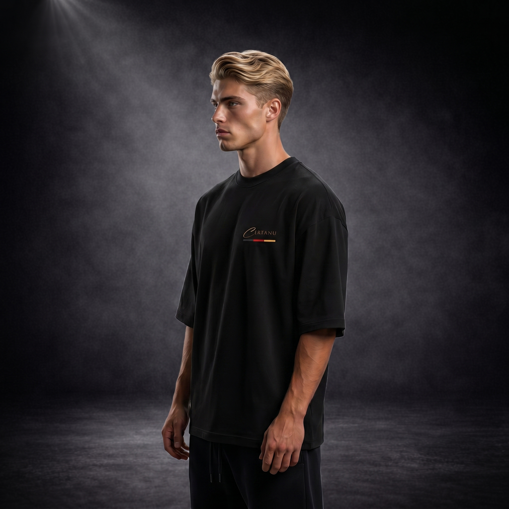 Junger blonder Mann präsentiert ein schwarzes Oversized CERTANU T-Shirt in einer seitlichen Studioaufnahme vor dunklem Premium-Hintergrund mit weichem Spotlight-Licht. Das minimalistische Streetwear-Shirt verfügt über ein kleines goldfarbenes CERTANU-Logo auf der linken Brust sowie dezente Akzente in den Farben Schwarz, Rot und Gold. Die lockere Passform, die überschnittenen Schultern und die hochwertige Stoffstruktur unterstreichen den modernen Oversized-Look. Das schlichte Design kombiniert Fußballkultur,