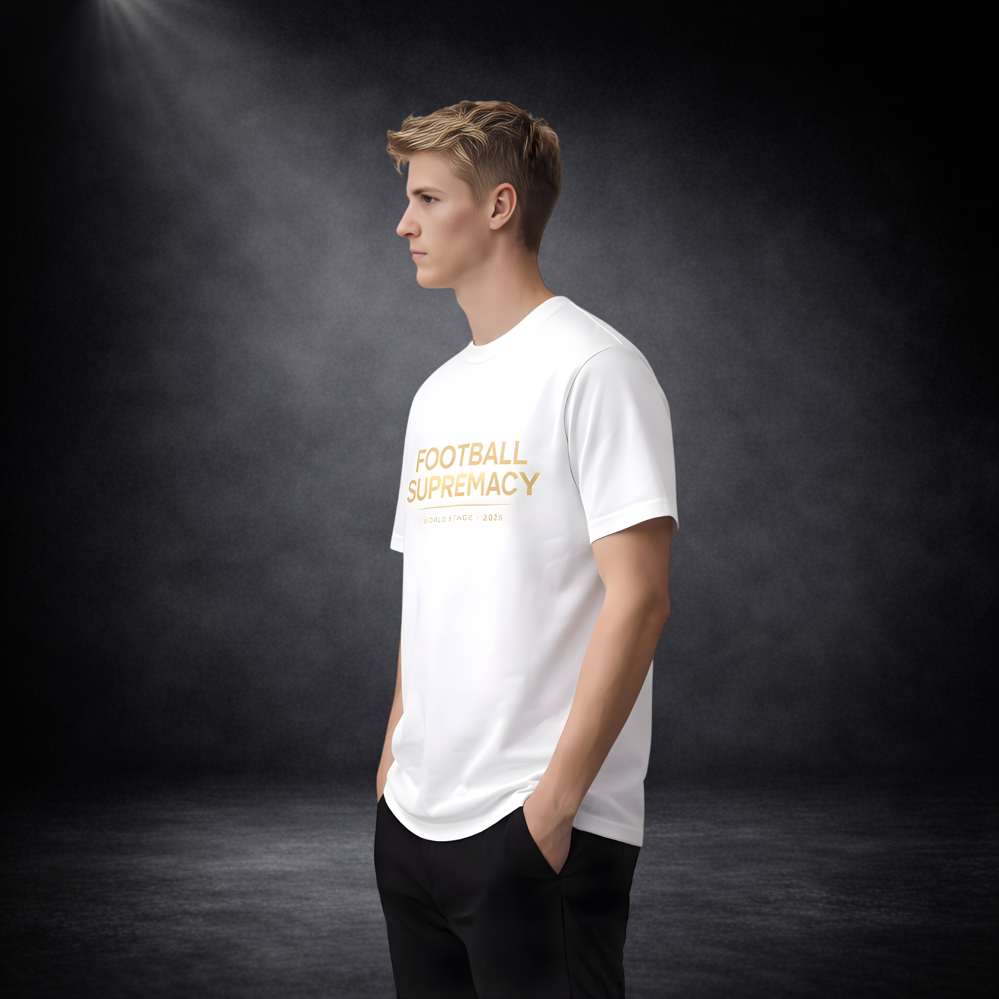 Junger Mann mit blondem Haar im Seitenprofil trägt ein weißes T-Shirt mit goldenem Schriftzug „FOOTBALL SUPREMACY – WORLD STAGE 2026“, vor dunklem Studio-Hintergrund mit weichem Lichtspot, Hände in den Hosentaschen