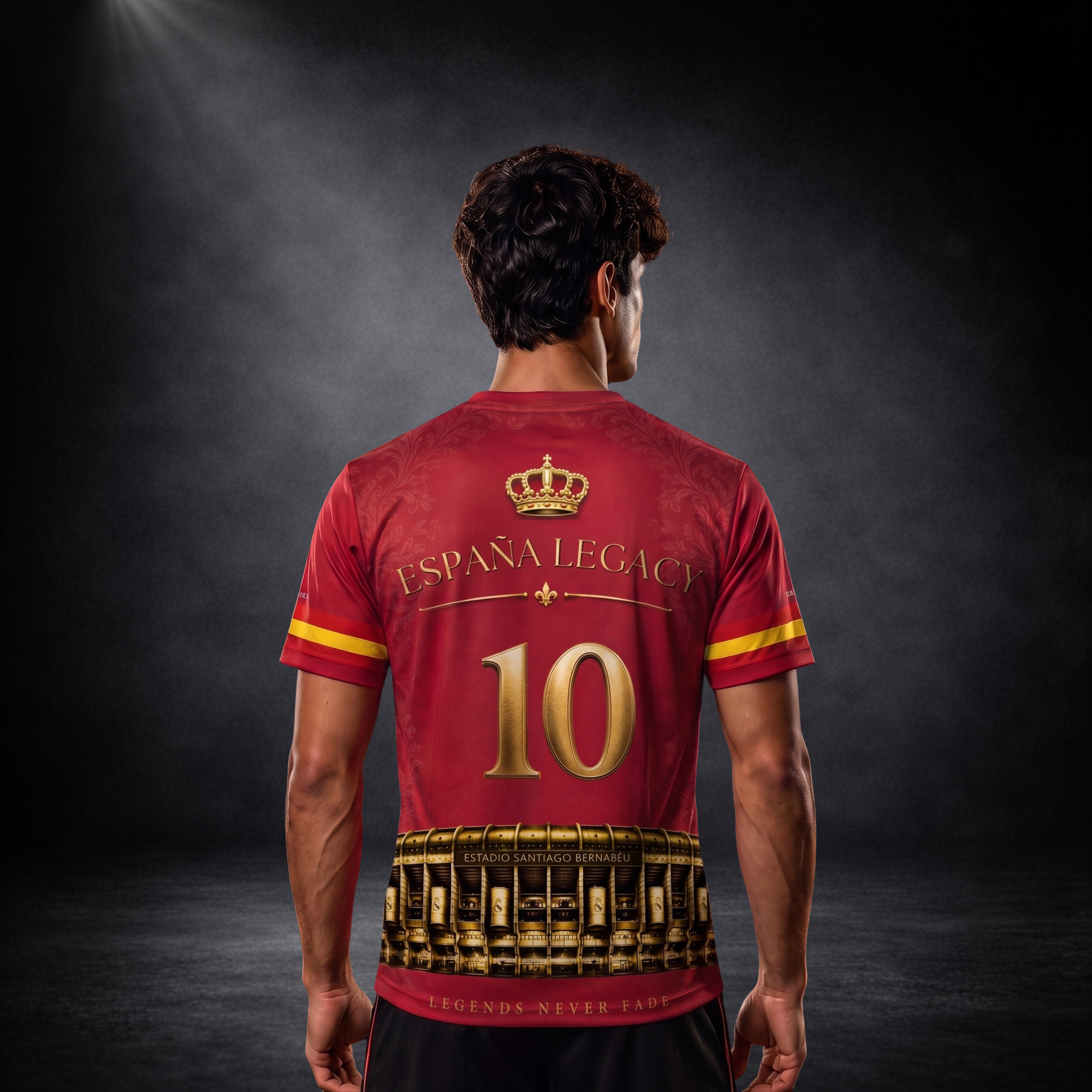 Rückansicht eines jungen Mannes mit dem roten CERTANU España Legacy Premium Fußballshirt vor dunklem Studiohintergrund. Das Rückendesign zeigt eine goldene Krone, den Schriftzug „España Legacy“, die große Rückennummer 10 sowie das Estadio Santiago Bernabéu in goldenen Details. Die Ärmel sind mit den Farben der spanischen Flagge verziert. Exklusives Funktionsshirt aus recyceltem Polyester für Fußball, Training, Freizeit, Stadionbesuche und Spanien-Fans im luxuriösen Premium-Design.