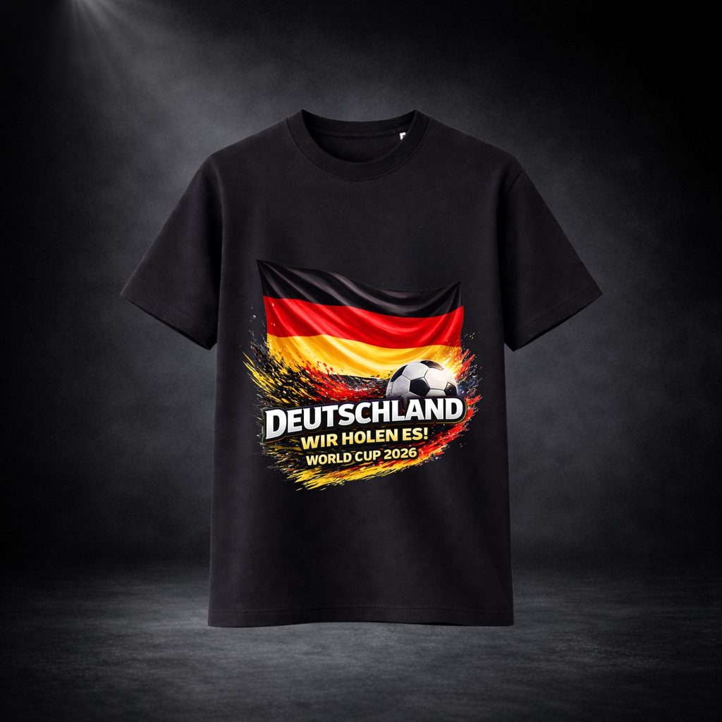 Schwarzes Deutschland Fußball Fan T-Shirt mit WM 2026 Design, deutsche Flagge mit Ball und Aufdruck „Deutschland Wir holen es“, Herren Shirt Frontansicht auf dunklem Hintergrund, hochwertiger Fanartikel für Fußballfans