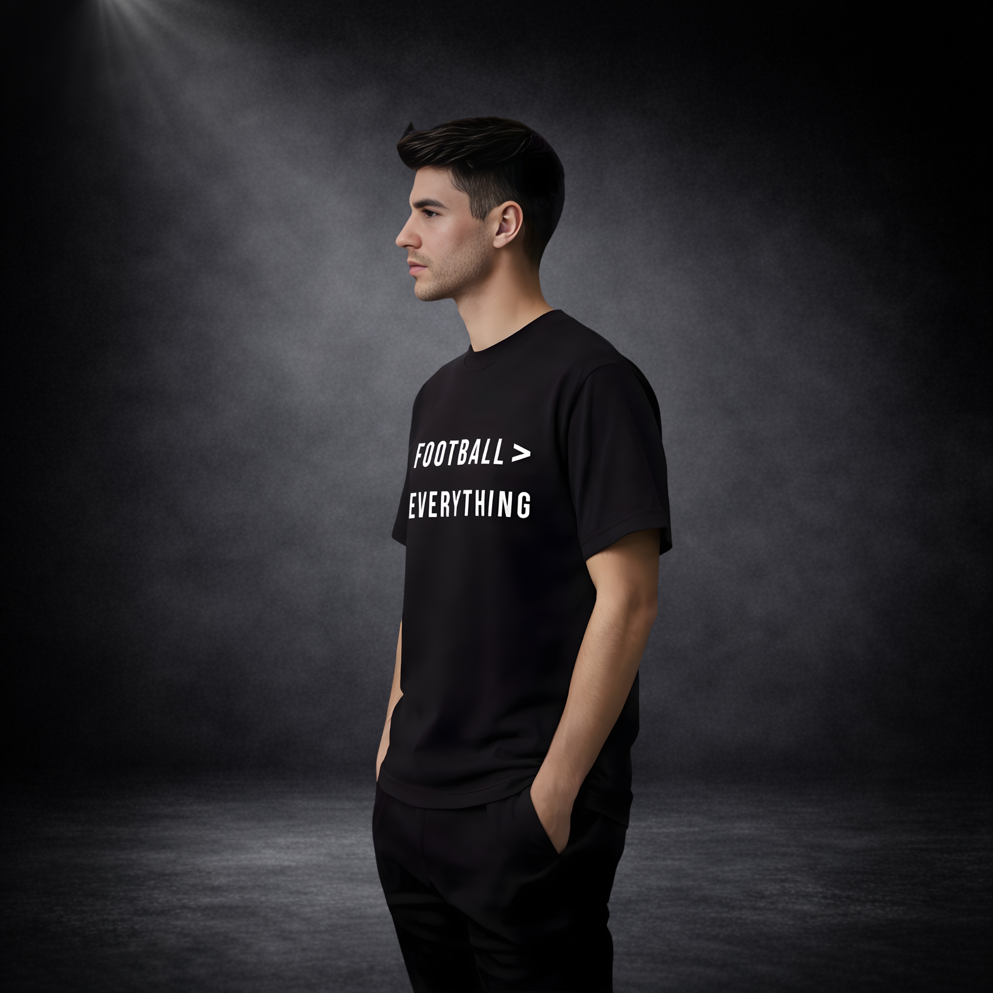 Männliches Model in Seitenansicht trägt schwarzes T-Shirt vor dunklem Studio-Hintergrund, weißer Aufdruck „Football > Everything“, lässige Haltung mit Händen in den Taschen
