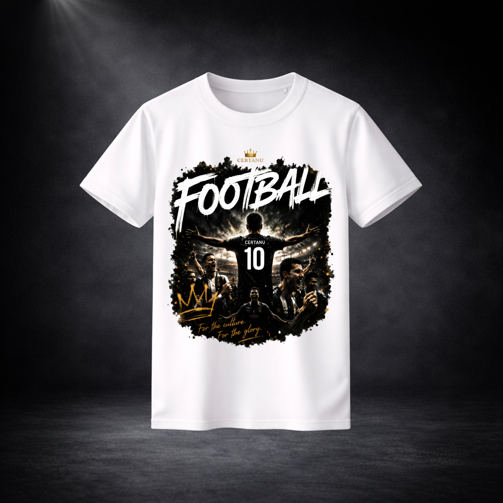 Weißes CERTANU Football T-Shirt mit großem Vintage-Fußballmotiv, Spieler mit Rückennummer 10 vor Stadionkulisse, Premium Fußball Streetwear Design mit goldenen Akzenten, freigestelltes Produktbild vor dunklem Hintergrund.
