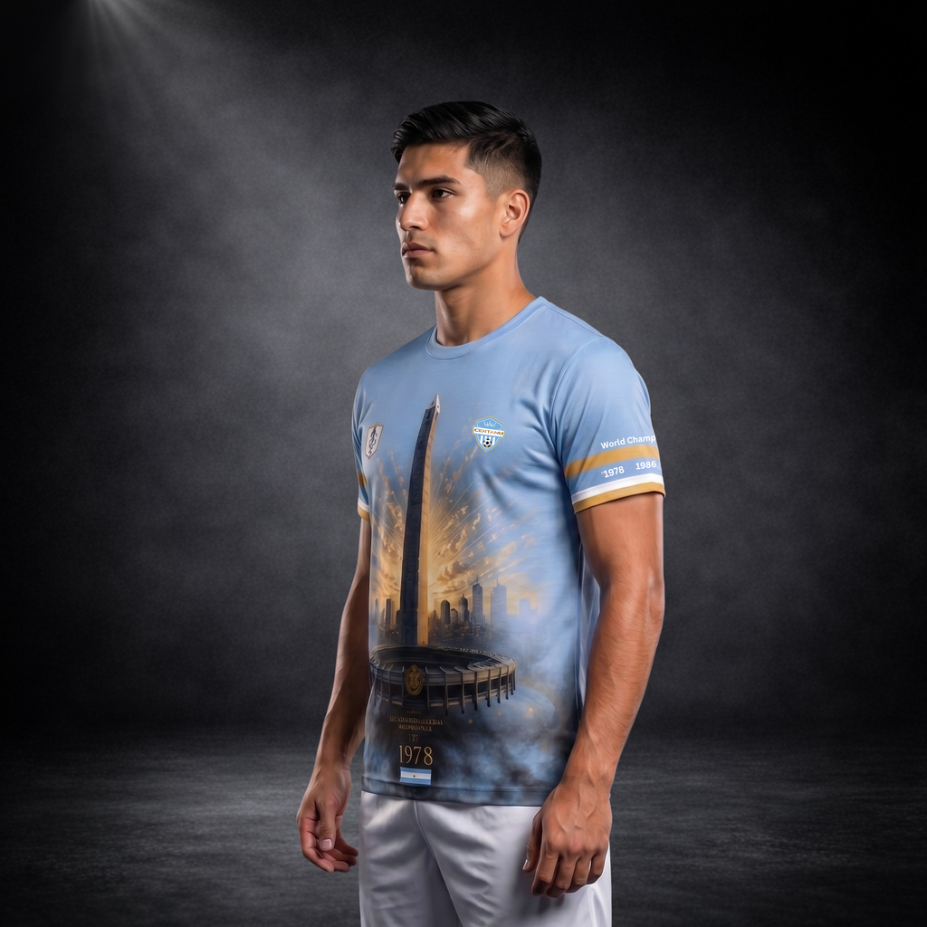 Seitenansicht eines argentinischen Fußball-Fanshirts von CERTANU an einem männlichen Model vor dunklem Studiohintergrund. Das hellblaue Premium-Shirt zeigt auf der Vorderseite den ikonischen Obelisken von Buenos Aires, das Estadio Monumental und eine moderne Skyline mit goldenen Lichteffekten. Die Ärmel sind mit den argentinischen Nationalfarben sowie den Weltmeisterjahren verziert. Das Design kombiniert Fußballtradition, nationale Symbole und hochwertige Fanmode in Himmelblau, Weiß und Gold. Die sportliche
