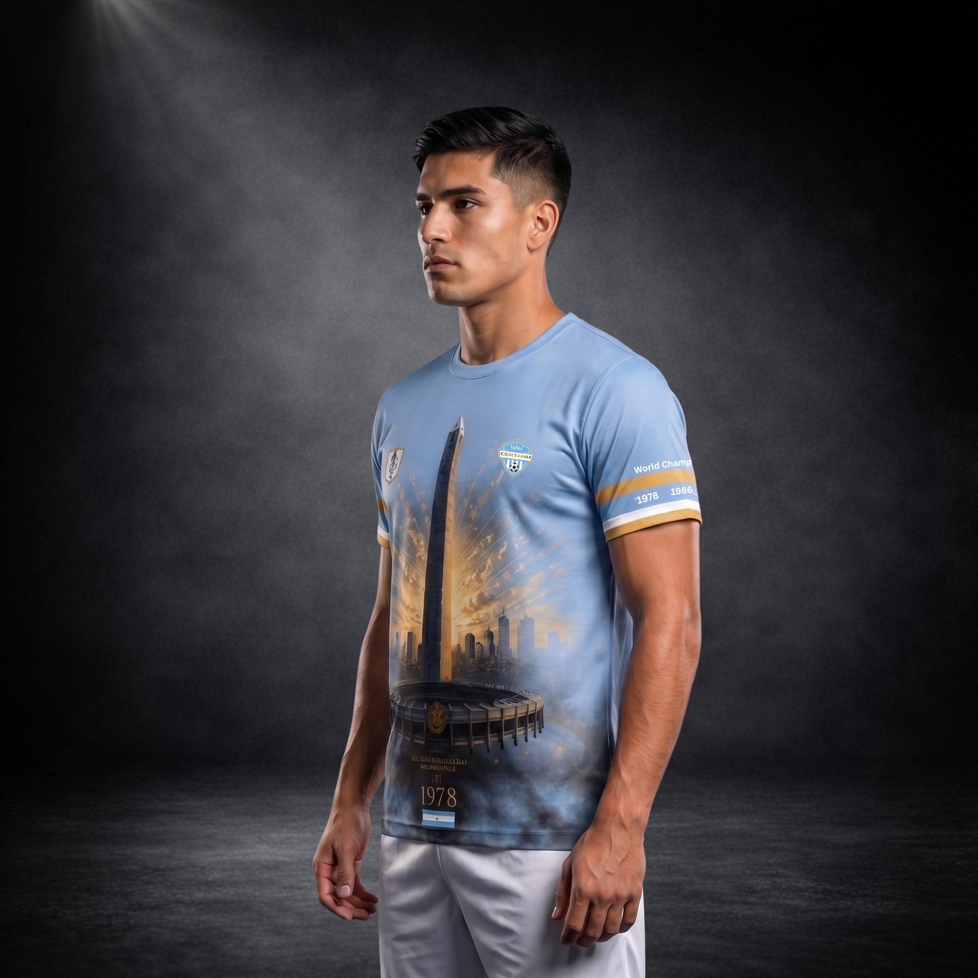 Seitenansicht eines argentinischen Fußball-Fanshirts von CERTANU an einem männlichen Model vor dunklem Studiohintergrund. Das hellblaue Premium-Shirt zeigt auf der Vorderseite den ikonischen Obelisken von Buenos Aires, das Estadio Monumental und eine moderne Skyline mit goldenen Lichteffekten. Die Ärmel sind mit den argentinischen Nationalfarben sowie den Weltmeisterjahren verziert. Das Design kombiniert Fußballtradition, nationale Symbole und hochwertige Fanmode in Himmelblau, Weiß und Gold. Die sportliche