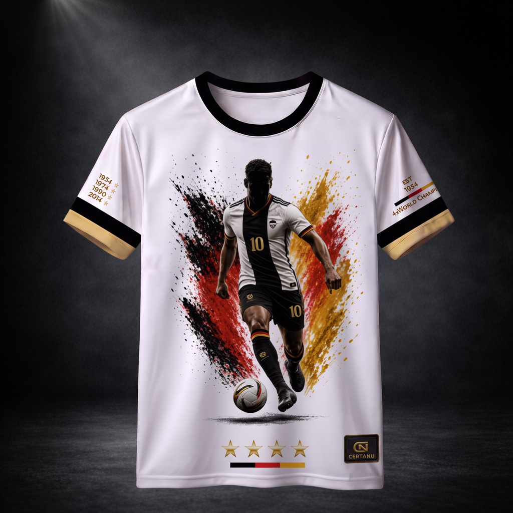 Frontansicht eines weißen CERTANU Deutschland Premium Fußballshirts vor dunklem Studiohintergrund. Das exklusive Design zeigt einen dynamischen Fußballspieler mit der Rückennummer 10 beim Dribbling vor einem kraftvollen Farbsplash in Schwarz, Rot und Gold – den Farben der deutschen Flagge. Vier goldene Sterne symbolisieren die vier Weltmeistertitel Deutschlands. Gold-schwarze Ärmelabschlüsse, historische Weltmeisterjahre (1954, 1974, 1990, 2014) sowie dezente CERTANU-Details verleihen dem Trikot einen hochw