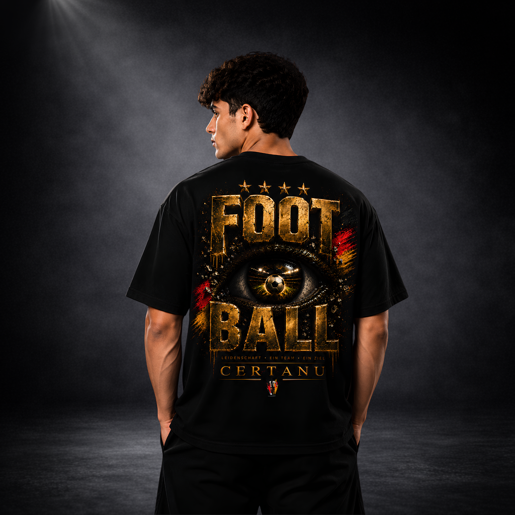 Rückansicht eines jungen Mannes im schwarzen CERTANU Oversized T-Shirt vor dunklem Studiohintergrund. Das Rückenmotiv zeigt den goldenen Schriftzug „FOOTBALL“, ein realistisches Auge mit Fußball als Iris sowie Akzente in Schwarz, Rot und Gold. Darunter befinden sich der CERTANU-Schriftzug und der Slogan „Leidenschaft · Ein Team · Ein Ziel“. Hochwertiges Streetwear-Design für Fußballfans mit auffälligem Premium-Rückenprint und modernem Oversized-Fit.