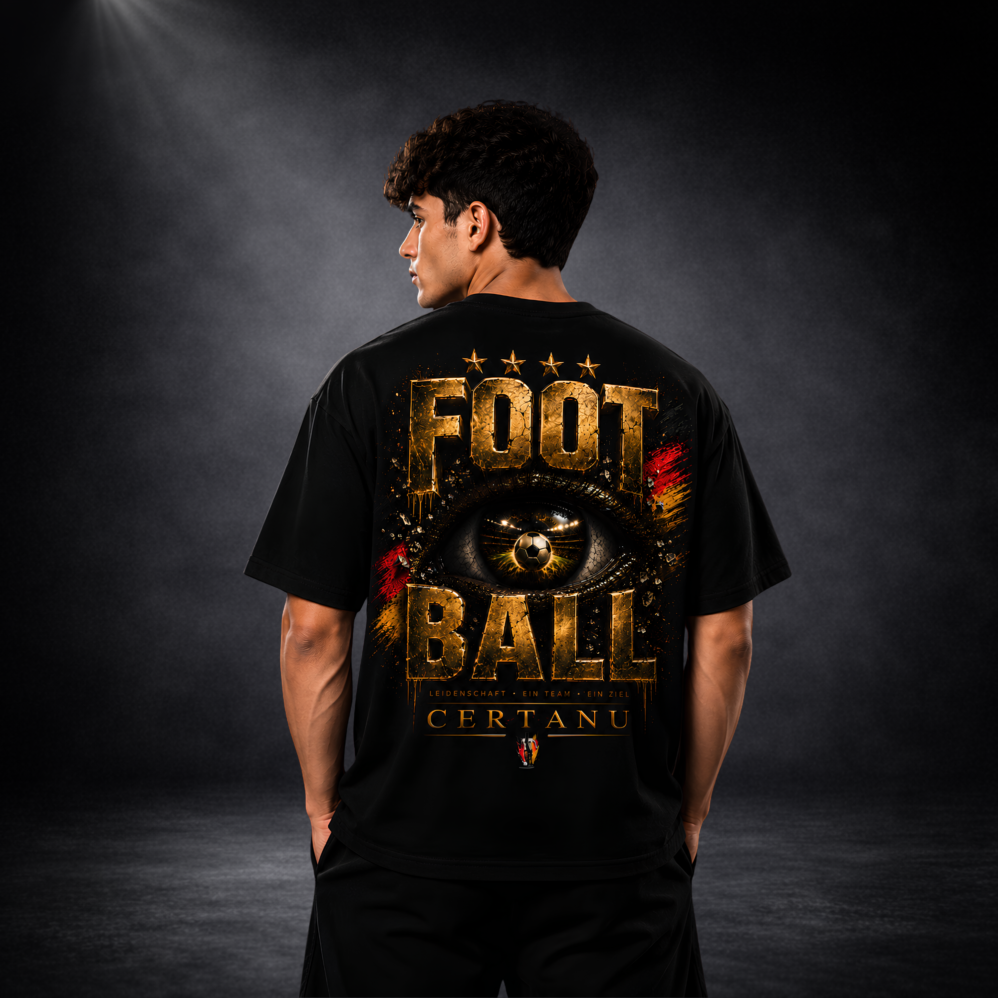 Rückansicht eines jungen Mannes im schwarzen CERTANU Oversized T-Shirt vor dunklem Studiohintergrund. Das Rückenmotiv zeigt den goldenen Schriftzug „FOOTBALL“, ein realistisches Auge mit Fußball als Iris sowie Akzente in Schwarz, Rot und Gold. Darunter befinden sich der CERTANU-Schriftzug und der Slogan „Leidenschaft · Ein Team · Ein Ziel“. Hochwertiges Streetwear-Design für Fußballfans mit auffälligem Premium-Rückenprint und modernem Oversized-Fit.