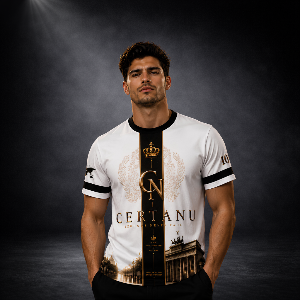 Männliches Model trägt das CERTANU Legends Never Fade Premium Fußballshirt in Weiß, Schwarz und Gold mit exklusivem Heritage-Design. Das hochwertige Funktionsshirt präsentiert das goldene CERTANU-Monogramm mit Krone auf einem eleganten schwarzen Mittelstreifen sowie stilisierte Berliner Wahrzeichen wie das Brandenburger Tor. Edle Goldakzente, sportlicher Schnitt und luxuriöse Details machen das Shirt ideal für Fußballfans, Streetwear, Stadionbesuche, Freizeit und die FIFA Fußball-Weltmeisterschaft.