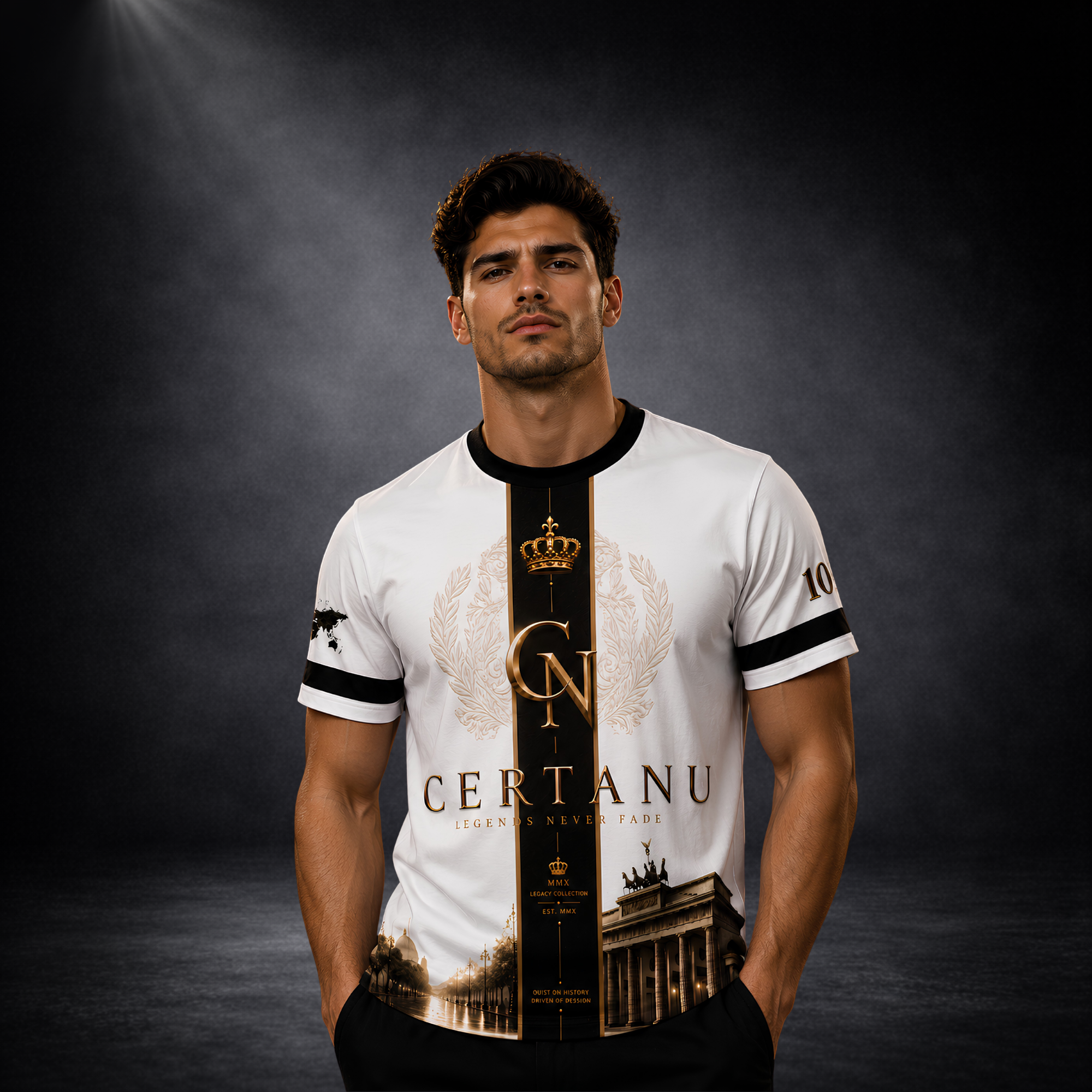 Männliches Model trägt das CERTANU Legends Never Fade Premium Fußballshirt in Weiß, Schwarz und Gold mit exklusivem Heritage-Design. Das hochwertige Funktionsshirt präsentiert das goldene CERTANU-Monogramm mit Krone auf einem eleganten schwarzen Mittelstreifen sowie stilisierte Berliner Wahrzeichen wie das Brandenburger Tor. Edle Goldakzente, sportlicher Schnitt und luxuriöse Details machen das Shirt ideal für Fußballfans, Streetwear, Stadionbesuche, Freizeit und die FIFA Fußball-Weltmeisterschaft.