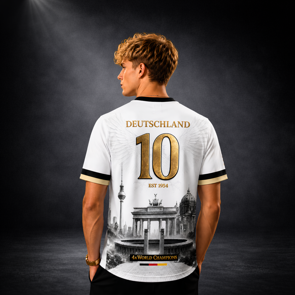 Rückansicht eines jungen blonden Mannes im weißen CERTANU Premium Deutschland Fußballshirt vor dunklem Studiohintergrund. Auf dem Rücken stehen der goldene Schriftzug „DEUTSCHLAND“ und die große Nummer 10 mit dezenten Engelsflügeln. Darunter „EST 1954“ sowie eine hochwertige Illustration mit Berliner Wahrzeichen wie Fernsehturm, Brandenburger Tor, Berliner Dom und Olympiastadion. Der Schriftzug „4x World Champions“ mit den Farben Schwarz, Rot und Gold rundet das exklusive Design ab. Premium Fan-Shirt für De