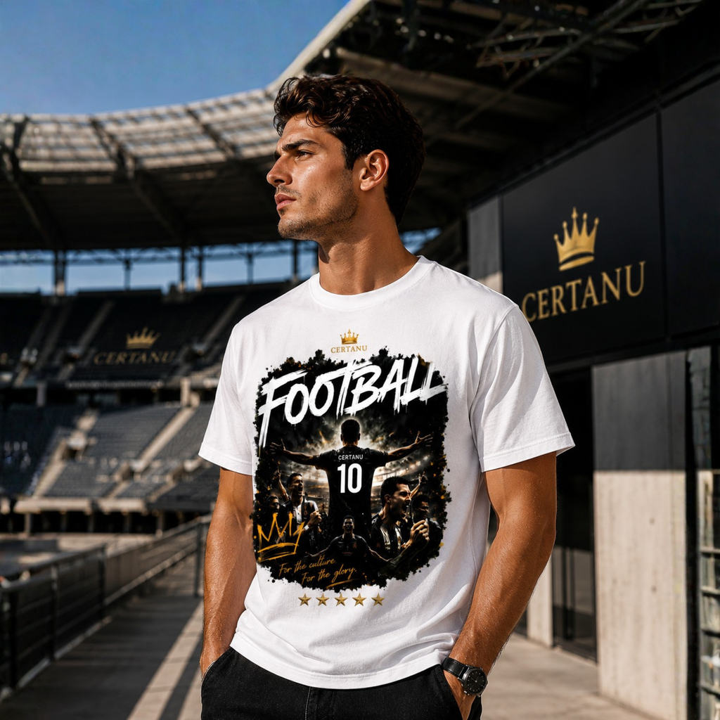 Junger Mann trägt weißes CERTANU Football T-Shirt mit großem Fußballspieler-Motiv und Rückennummer 10 vor modernem Stadion. Premium Fußball Streetwear mit goldenen Details, Stadionatmosphäre und sportlichem Lifestyle-Look für echte Fußballfans.