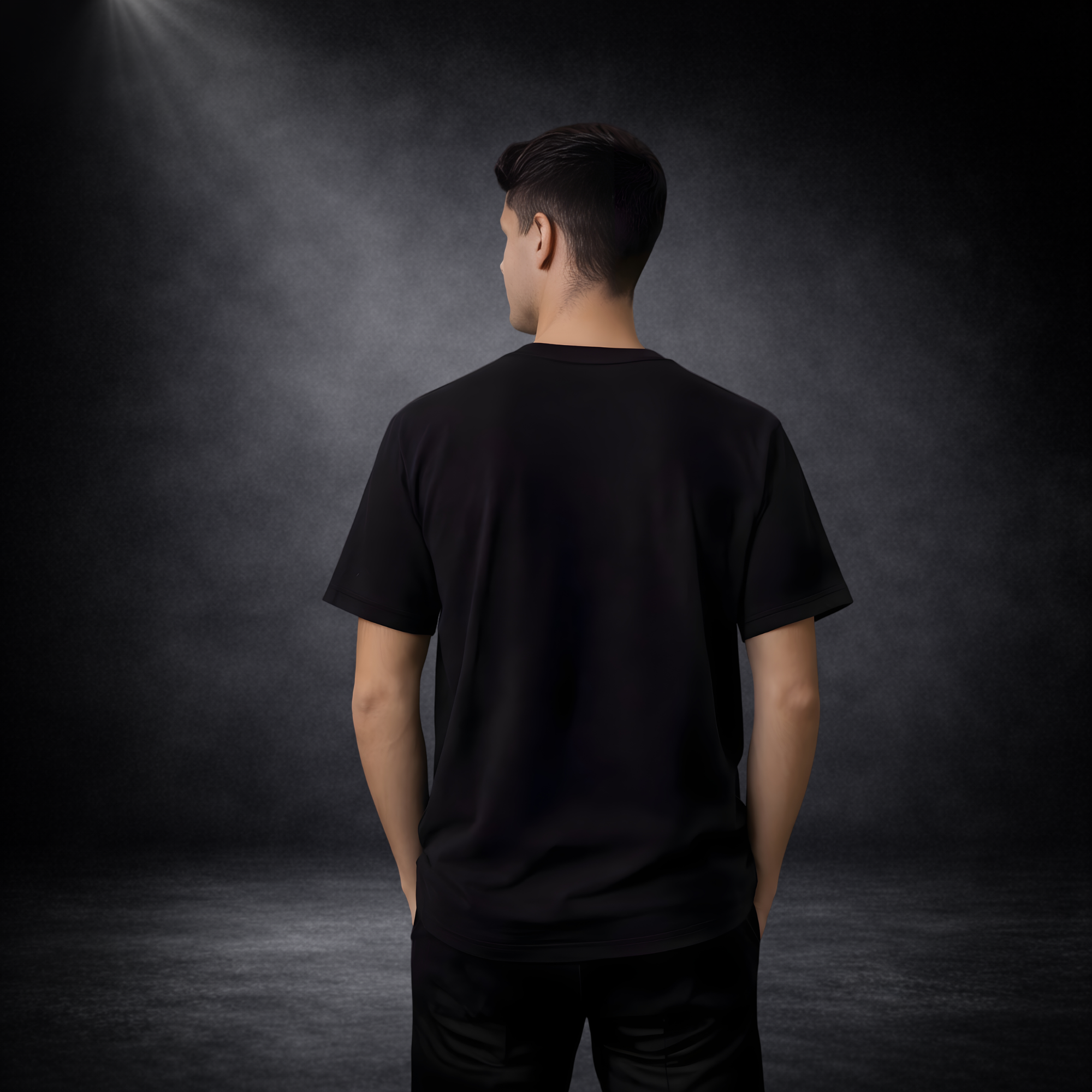 Männliches Model von hinten vor dunklem Studio-Hintergrund, trägt schwarzes T-Shirt ohne Aufdruck, entspannte Haltung mit Händen in den Taschen