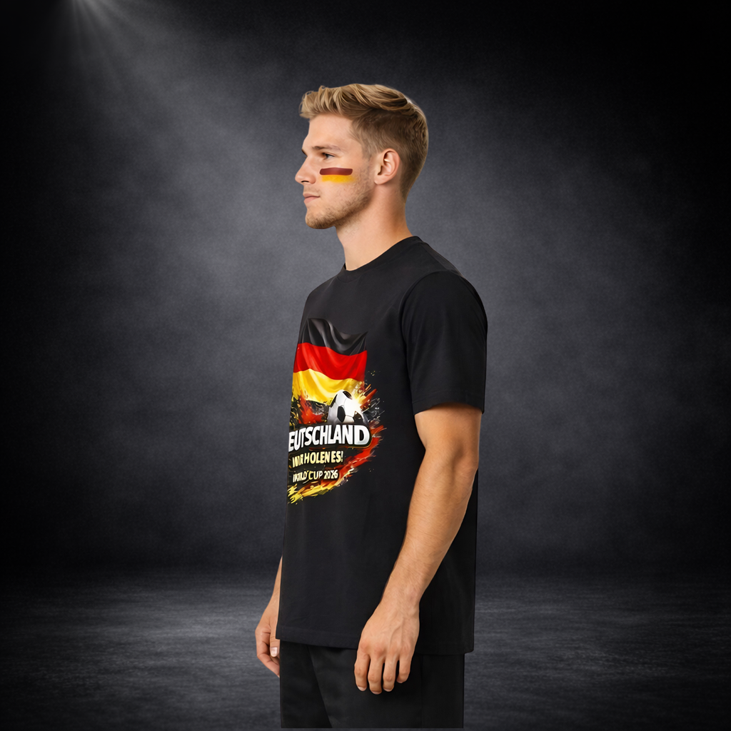 Seitenansicht eines jungen Mannes mit schwarzem Deutschland Fußball Fan T-Shirt, WM 2026 Design mit deutscher Flagge und Ball, Aufdruck „Deutschland Wir holen es“, Herren Shirt getragen im Studio Hintergrund