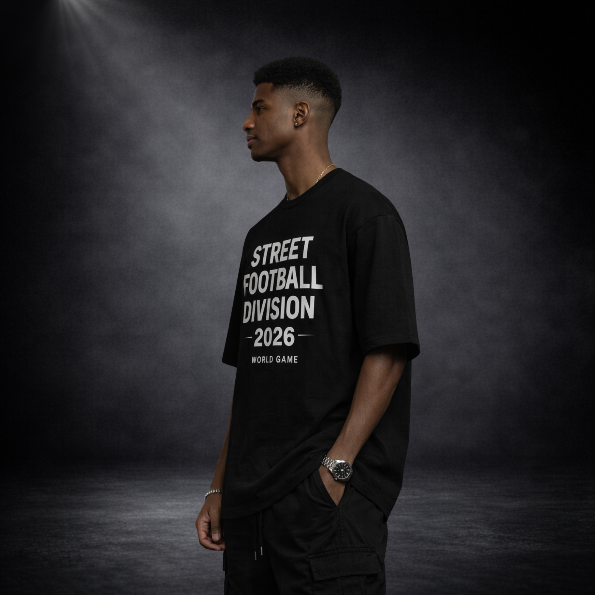 Seitlich stehendes männliches Model trägt ein schwarzes Oversized T-Shirt mit weißem Schriftzug „STREET FOOTBALL DIVISION 2026 – WORLD GAME“, präsentiert vor dunklem Studio-Hintergrund mit weichem Lichtspot