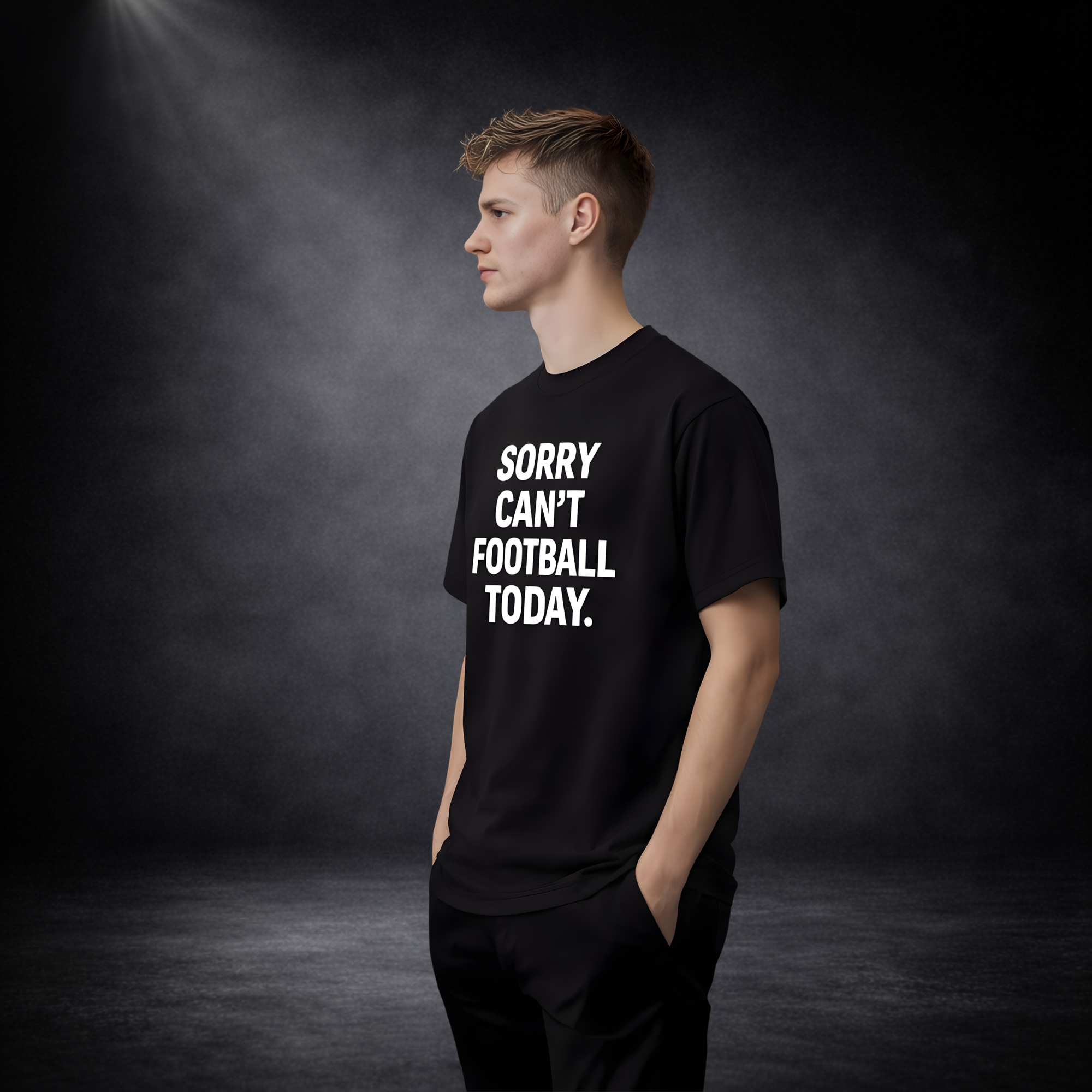 Seitliche Ansicht eines jungen Mannes in einem schwarzen T-Shirt vor dunklem Studio-Hintergrund, mit weißem Aufdruck „SORRY CAN’T FOOTBALL TODAY.“; Hände lässig in den Hosentaschen, dezentes Licht von oben links