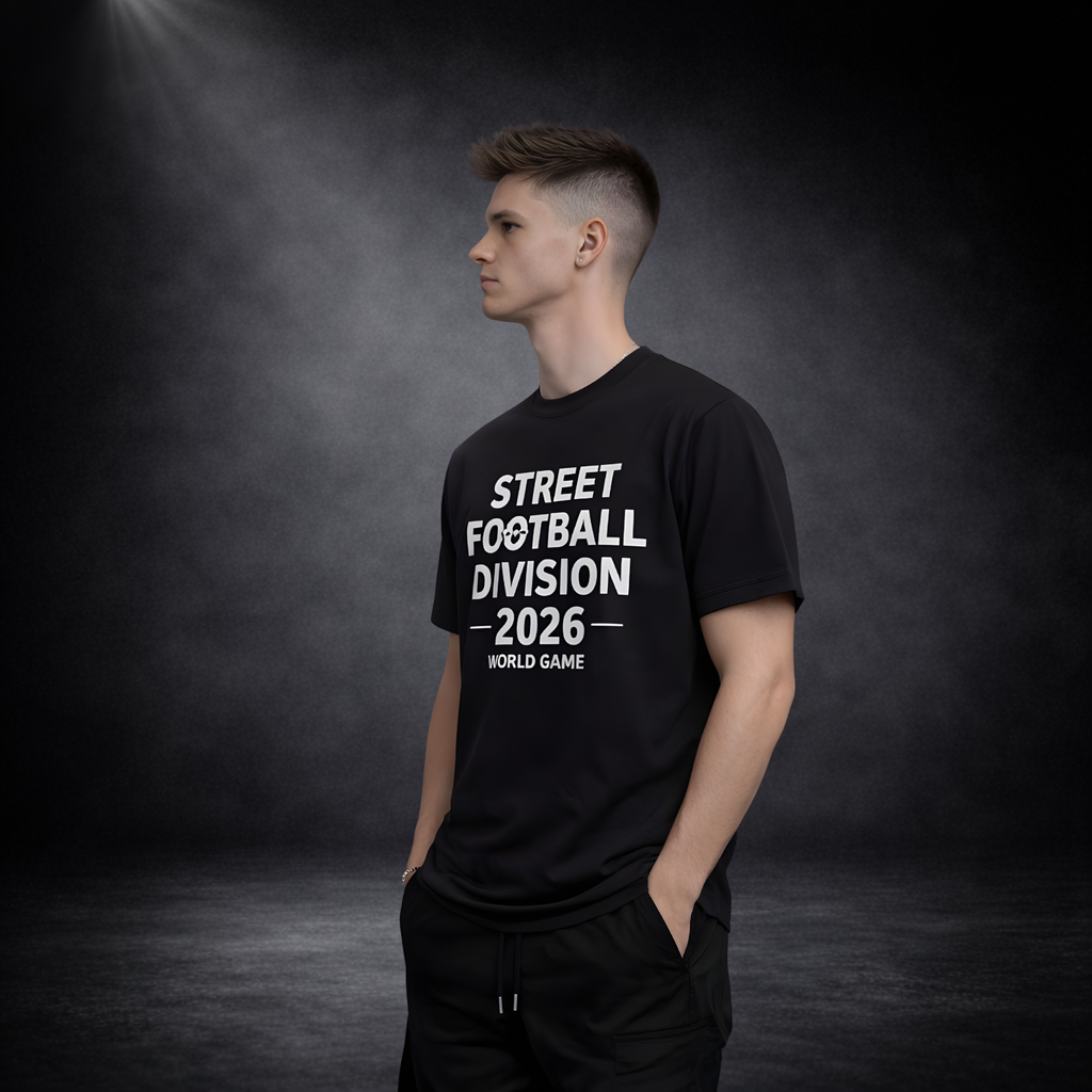 Junger Mann im Seitenprofil trägt ein schwarzes T-Shirt mit weißem Aufdruck „STREET FOOTBALL DIVISION 2026 – WORLD GAME“, Hände in den Taschen, vor dunklem Studio-Hintergrund mit Spotlight