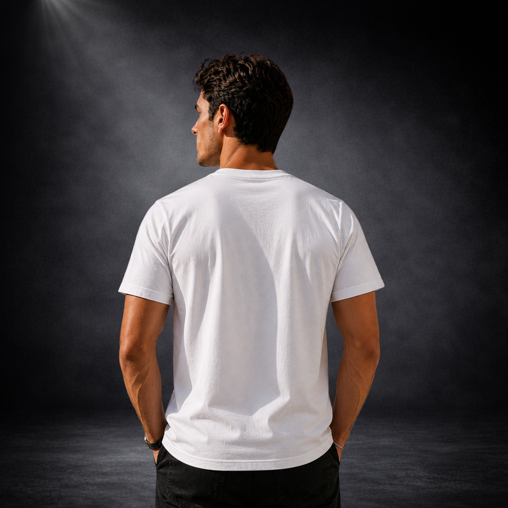 Rückansicht eines jungen Mannes in einem schlichten weißen T-Shirt vor dunklem Studiohintergrund mit weicher Spotlight-Beleuchtung. Das Shirt besitzt keine sichtbaren Drucke oder Grafiken auf der Rückseite und präsentiert einen klassischen, modernen Regular-Fit-Schnitt. Die neutrale Produktaufnahme zeigt die Passform, die Ärmel, den Rundhalsausschnitt und die Rückenansicht des Kleidungsstücks. Ideal als Rückansicht für Shopify-Produktfotos, E-Commerce, Print-on-Demand-Produkte, individuelle T-Shirt-Designs 