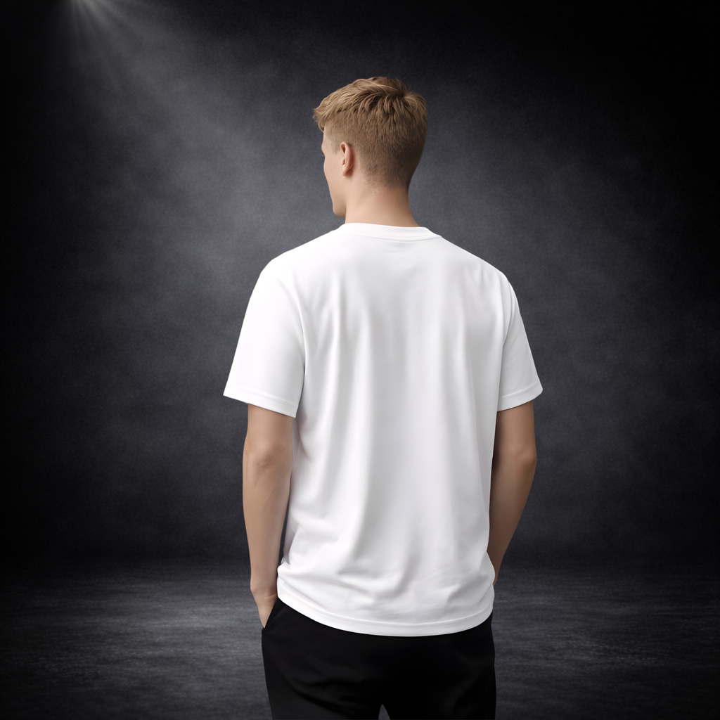 Junger Mann von hinten mit blondem Haar trägt ein schlichtes weißes T-Shirt ohne Aufdruck, vor dunklem Studio-Hintergrund mit weichem Spotlight, Hände in den Hosentaschen
